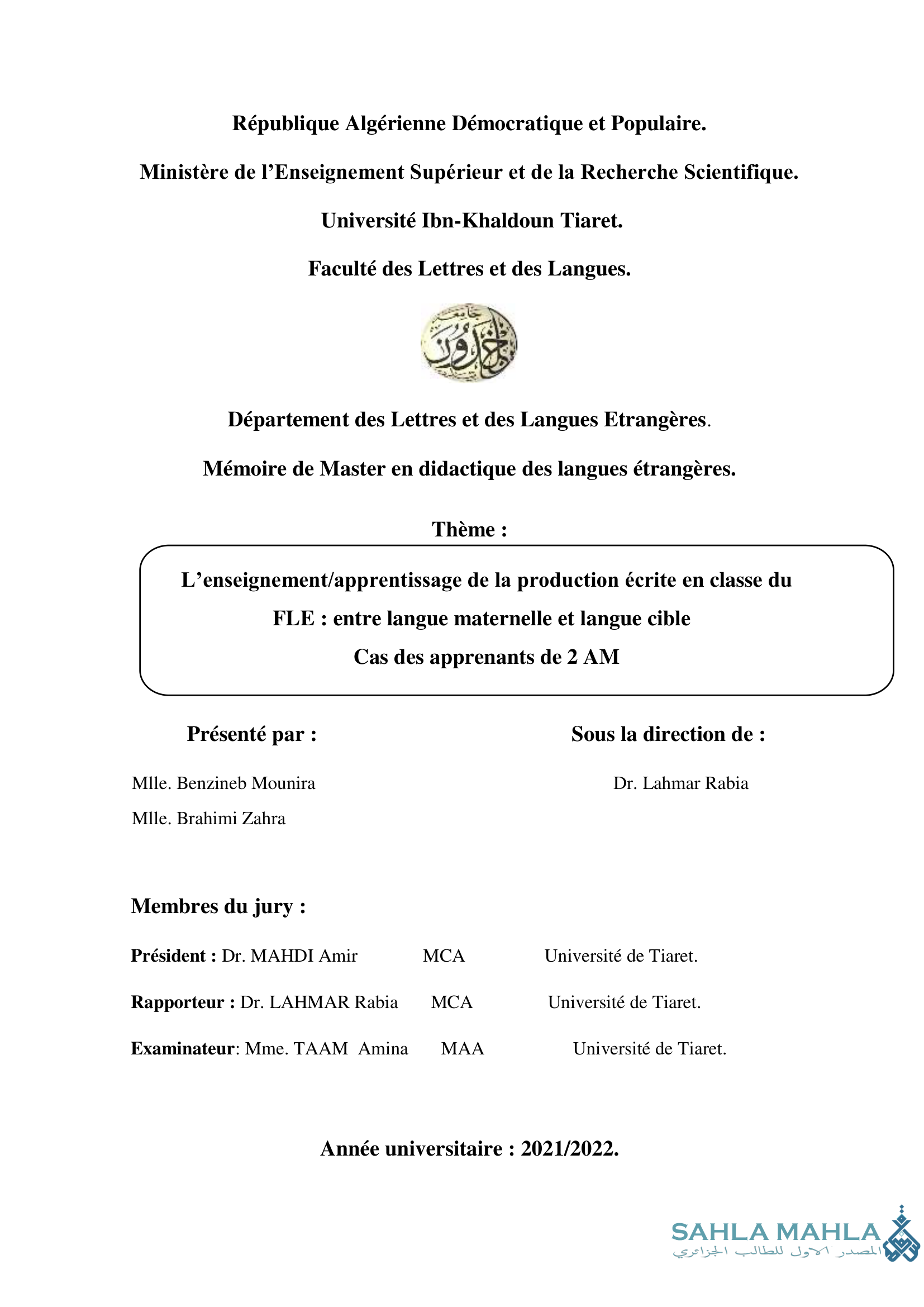 L'enseignement/apprentissage de la production écrite en classe du FLE : entre langue maternelle et langue cible
