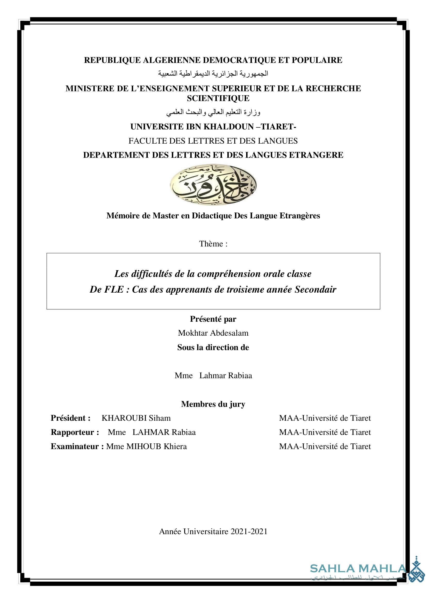 Les difficultés de la compréhension orale classe De FLE: Cas des apprenants de troisieme année Secondair