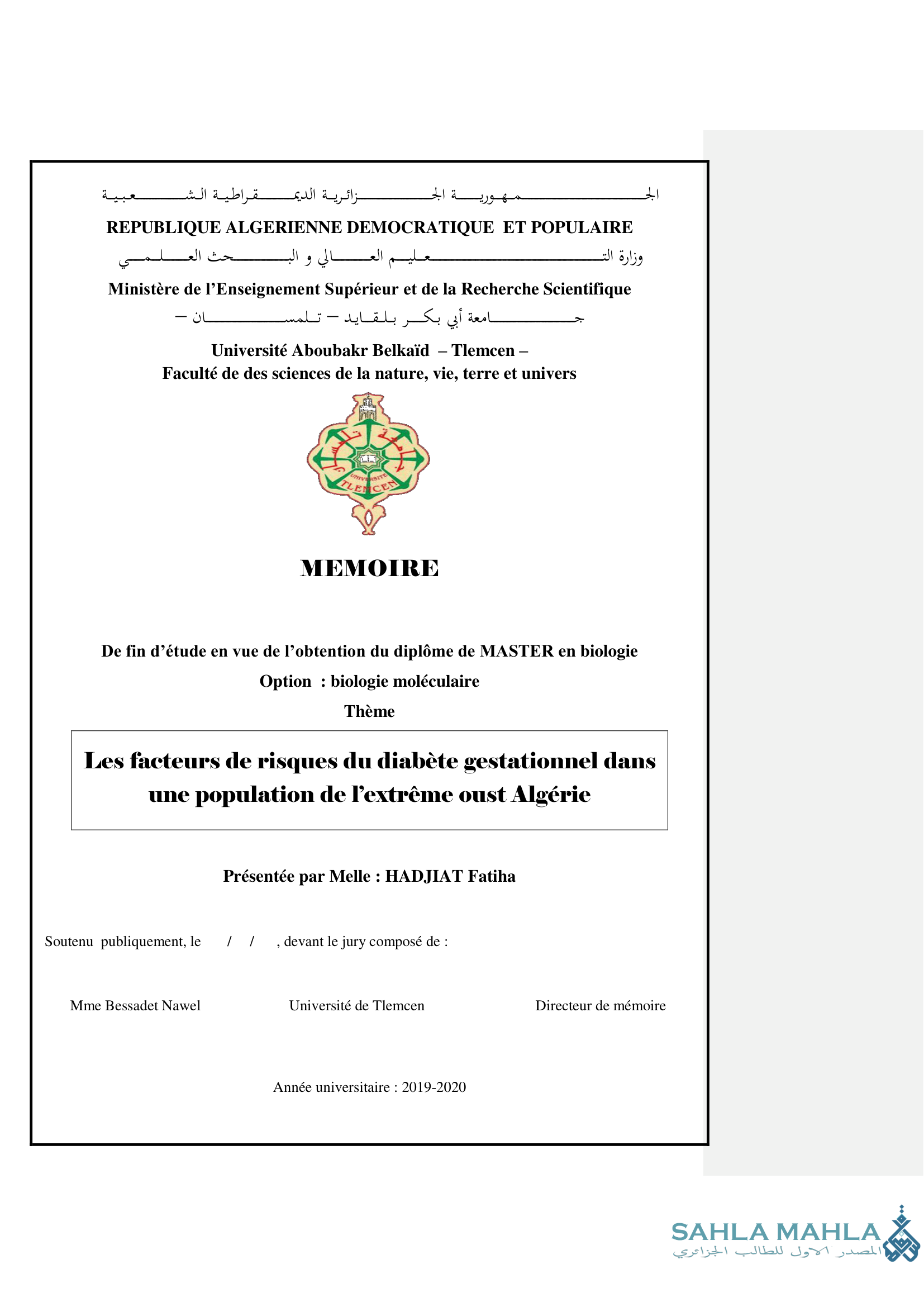 Les facteurs de risques du diabète gestationnel dans une population de l'extrême ouest Algérie