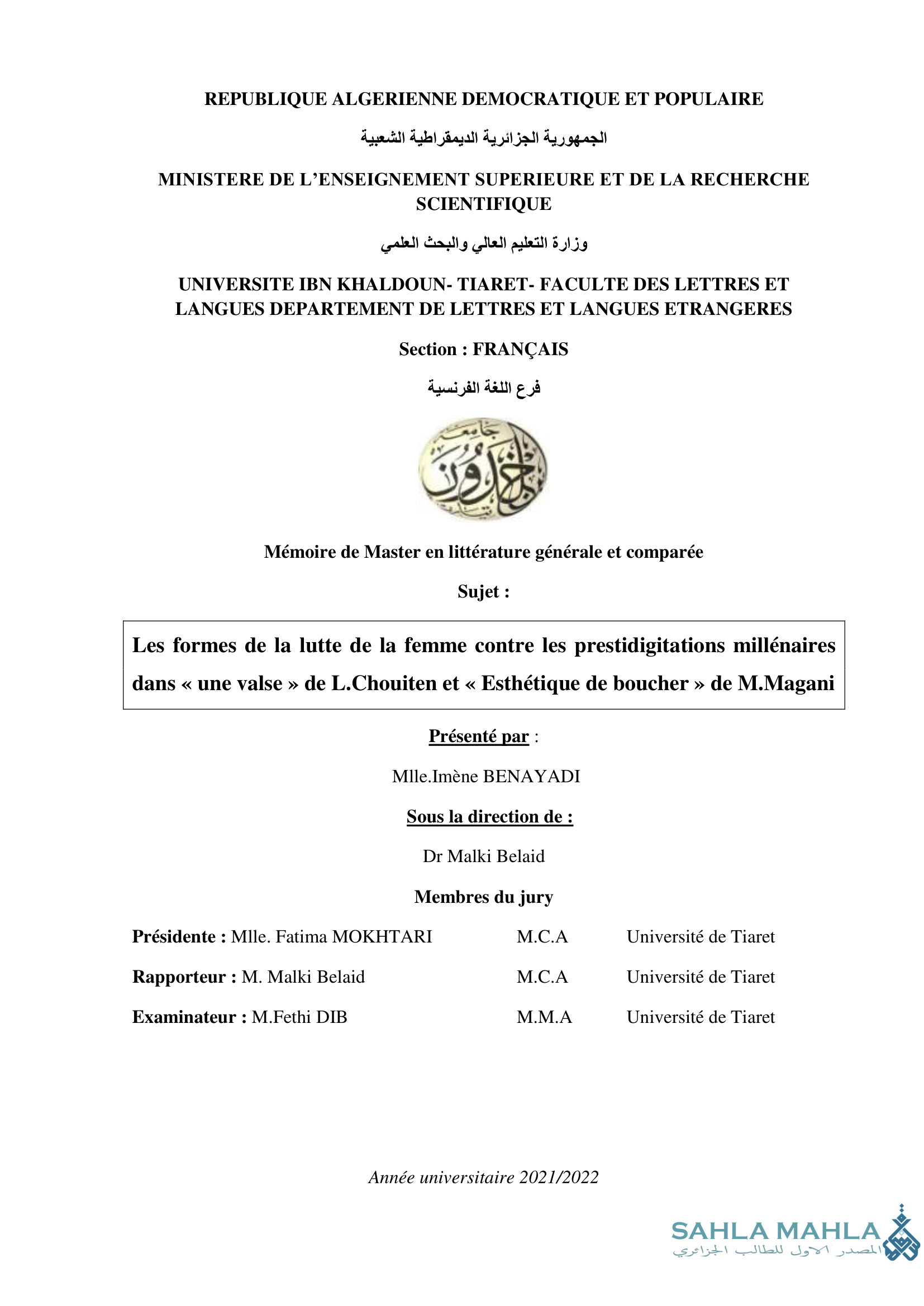 Les formes de la lutte de la femme contre les prestidigitations millénaires dans << une valse » de L.Chouiten et « Esthétique de boucher » de M.Magani