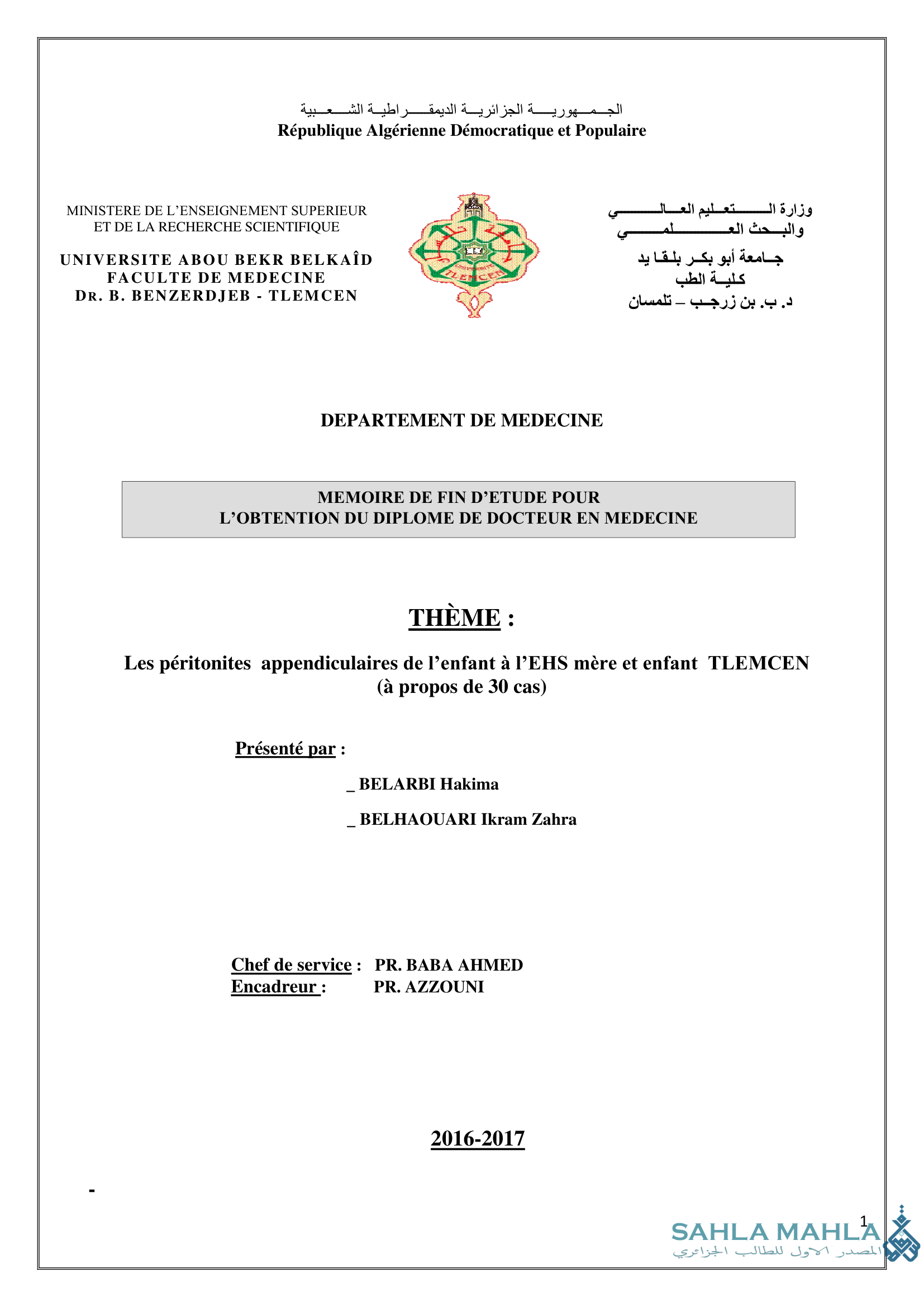 Les péritonites appendiculaires de l'enfant à l'EHS mère et enfant TLEMCEN (à propos de 30 cas)