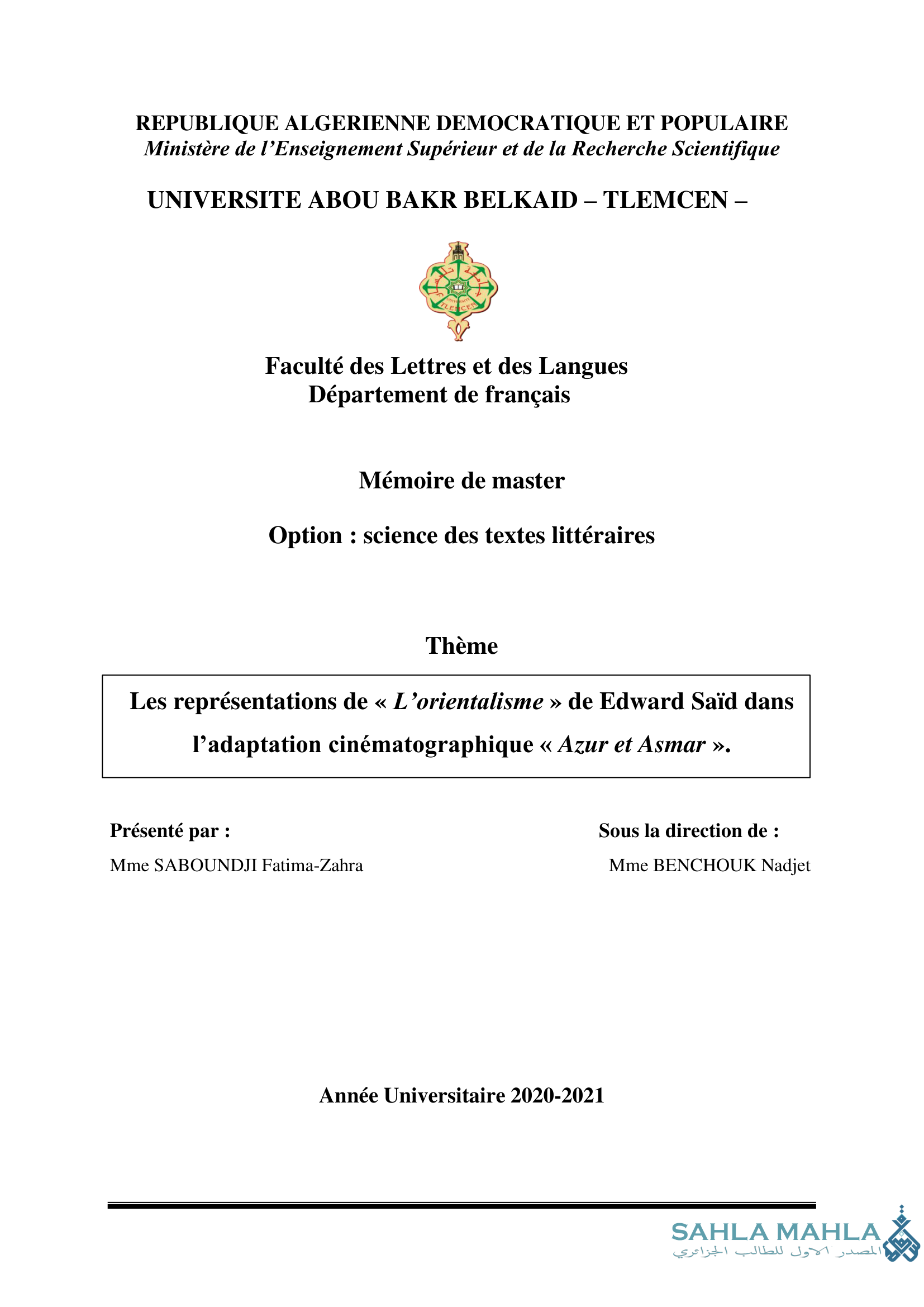 Les représentations de « L'orientalisme » de Edward Saïd dans l'adaptation cinématographique « Azur et Asmar »