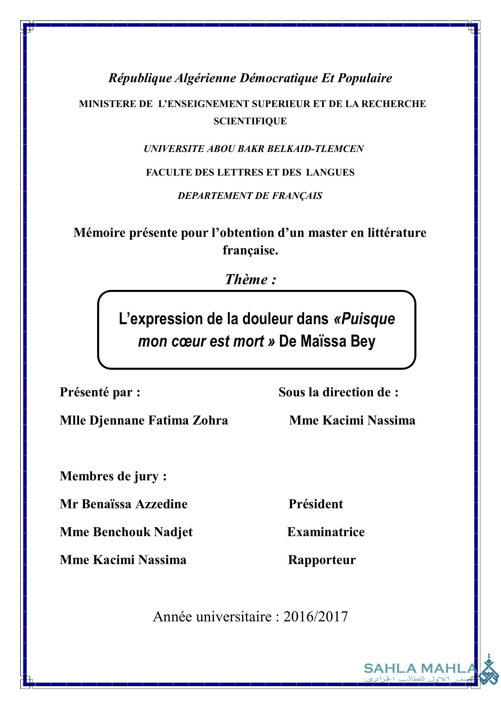 L’expression de la douleur dans «Puisque mon cœur est mort » De Maïssa Bey