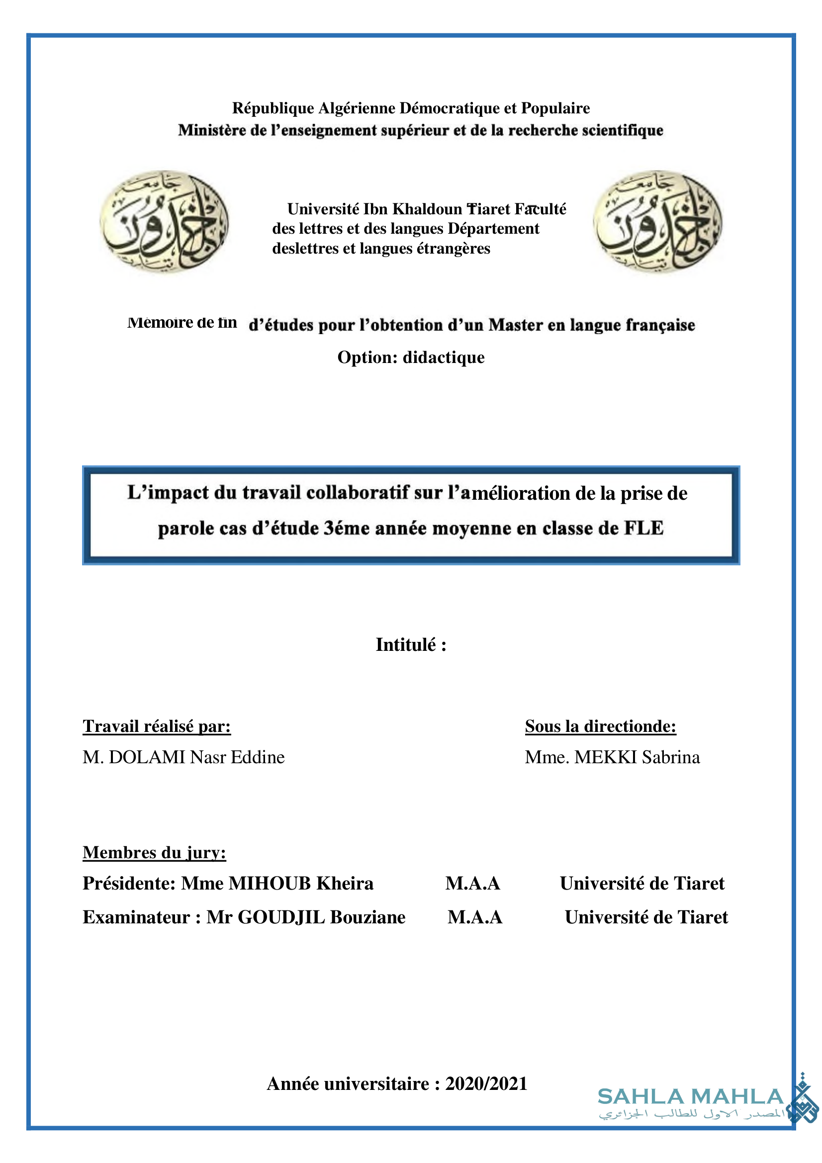 L'impact du travail collaboratif sur l'amélioration de la prise de parole cas d'étude 3éme année moyenne en classe de FLE