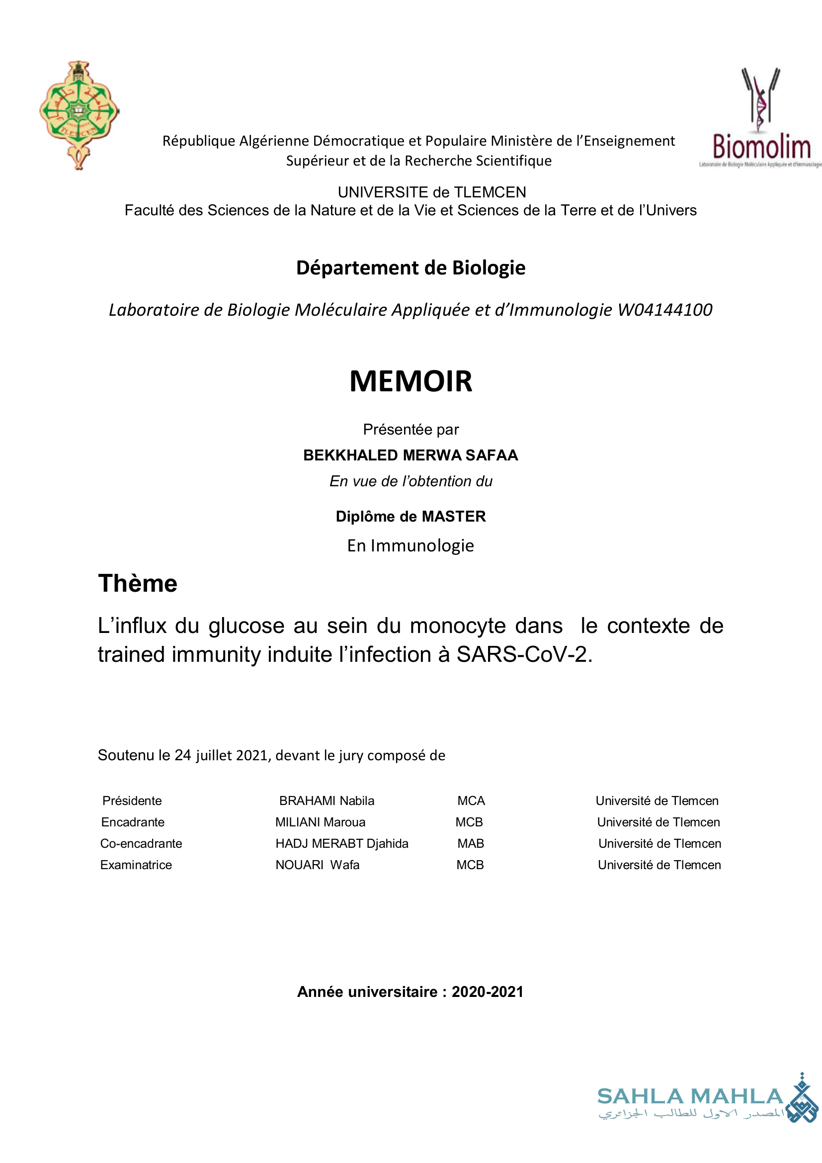 L'influx du glucose au sein du monocyte dans le contexte de trained immunity induite l'infection à SARS-CoV-2.