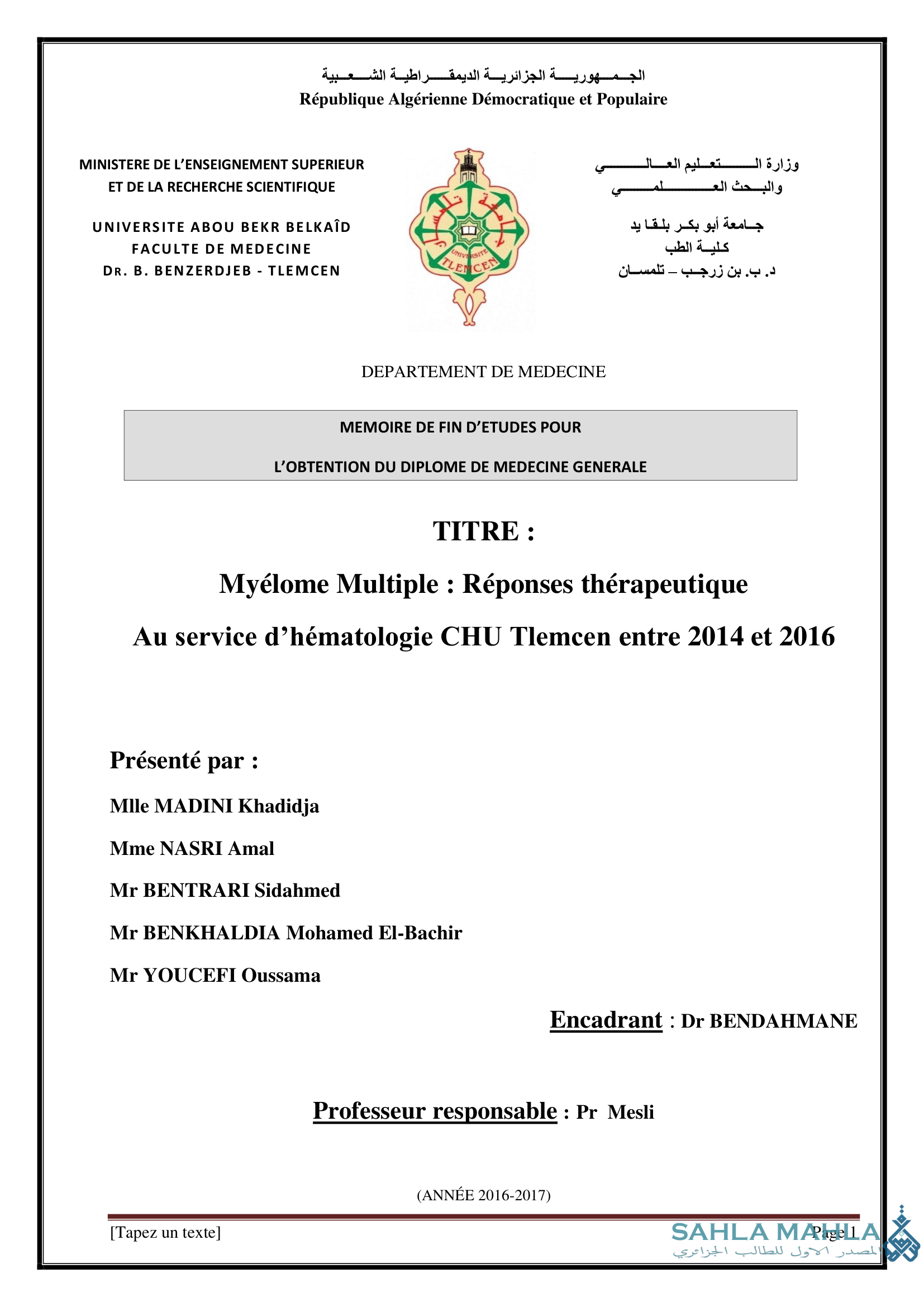 Myélome Multiple : Réponses thérapeutique Au service d’hématologie CHU Tlemcen entre 2014 et 2016