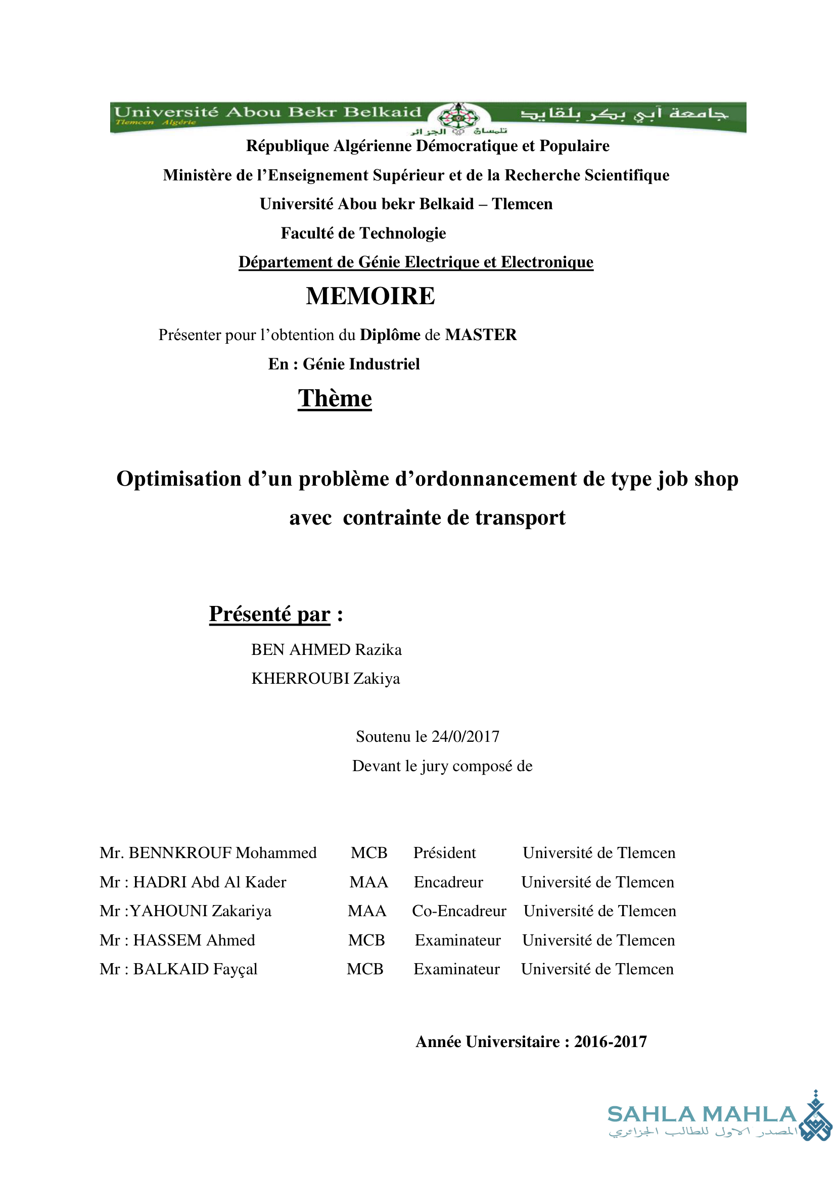 Optimisation d'un problème d'ordonnancement de type job shop avec contrainte de transport