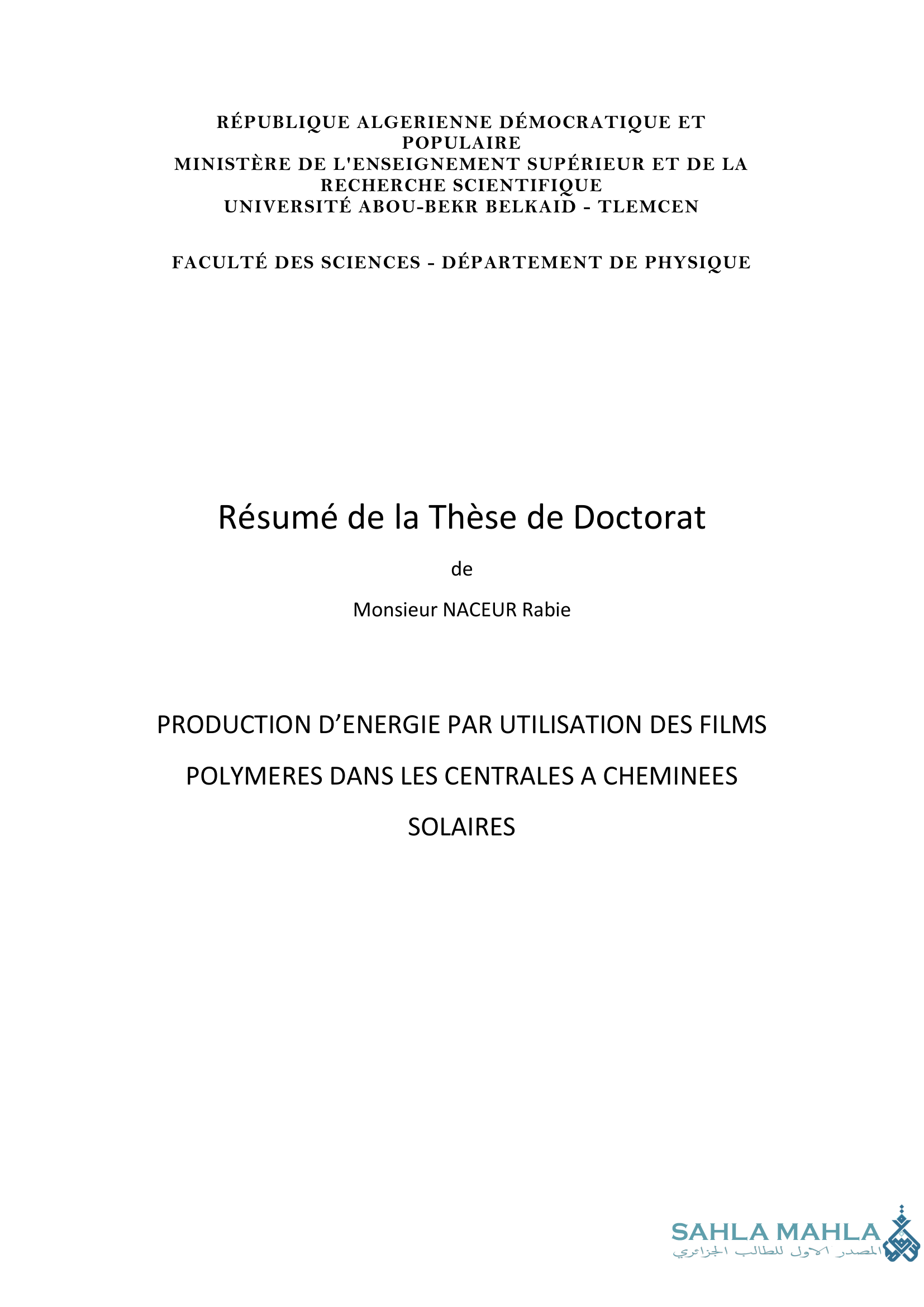 PRODUCTION D'ENERGIE PAR UTILISATION DES FILMS POLYMERES DANS LES CENTRALES A CHEMINEES SOLAIRES