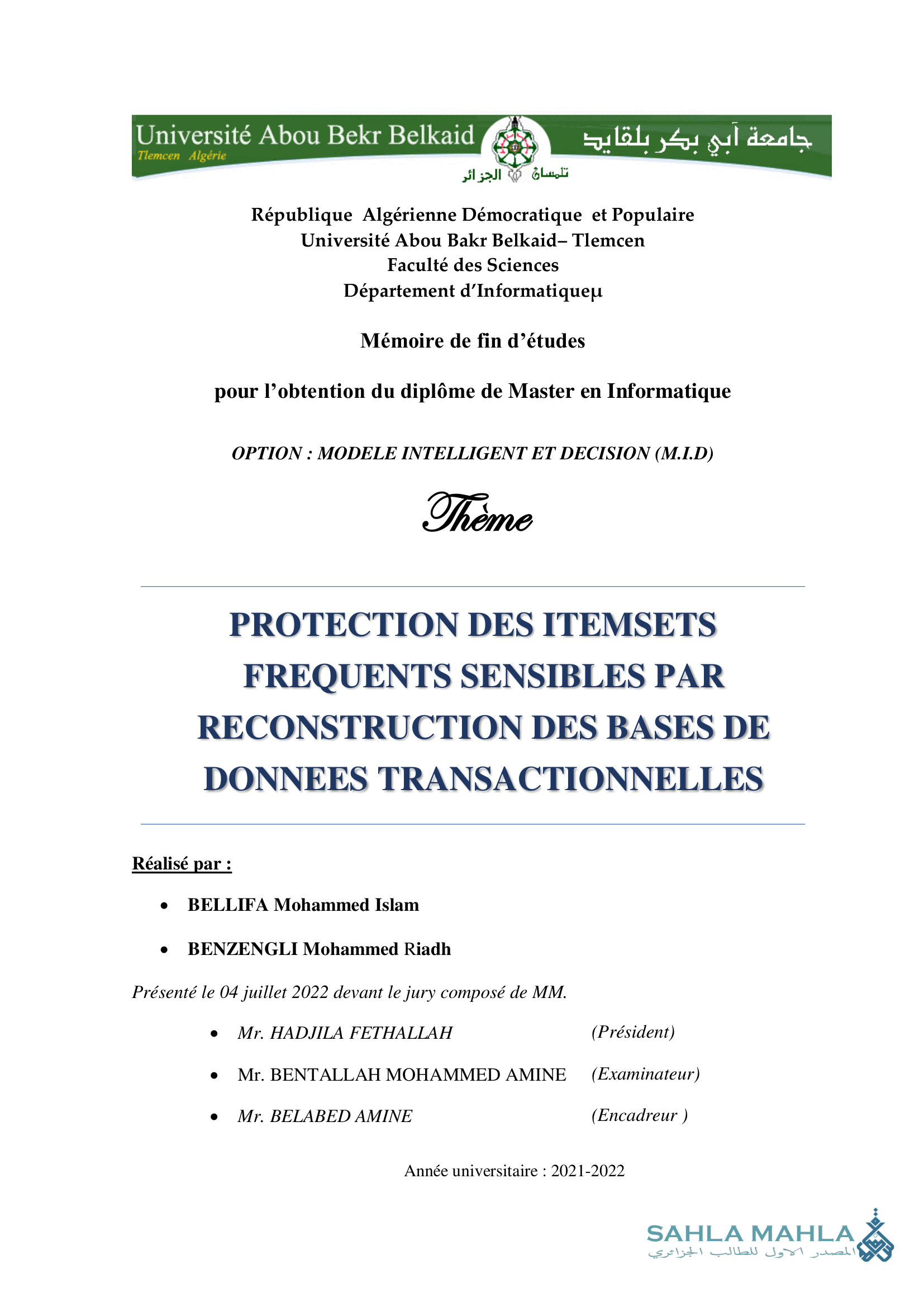 PROTECTION DES ITEMSETS FREQUENTS SENSIBLES PAR RECONSTRUCTION DES BASES DE DONNEES TRANSACTIONNELLES