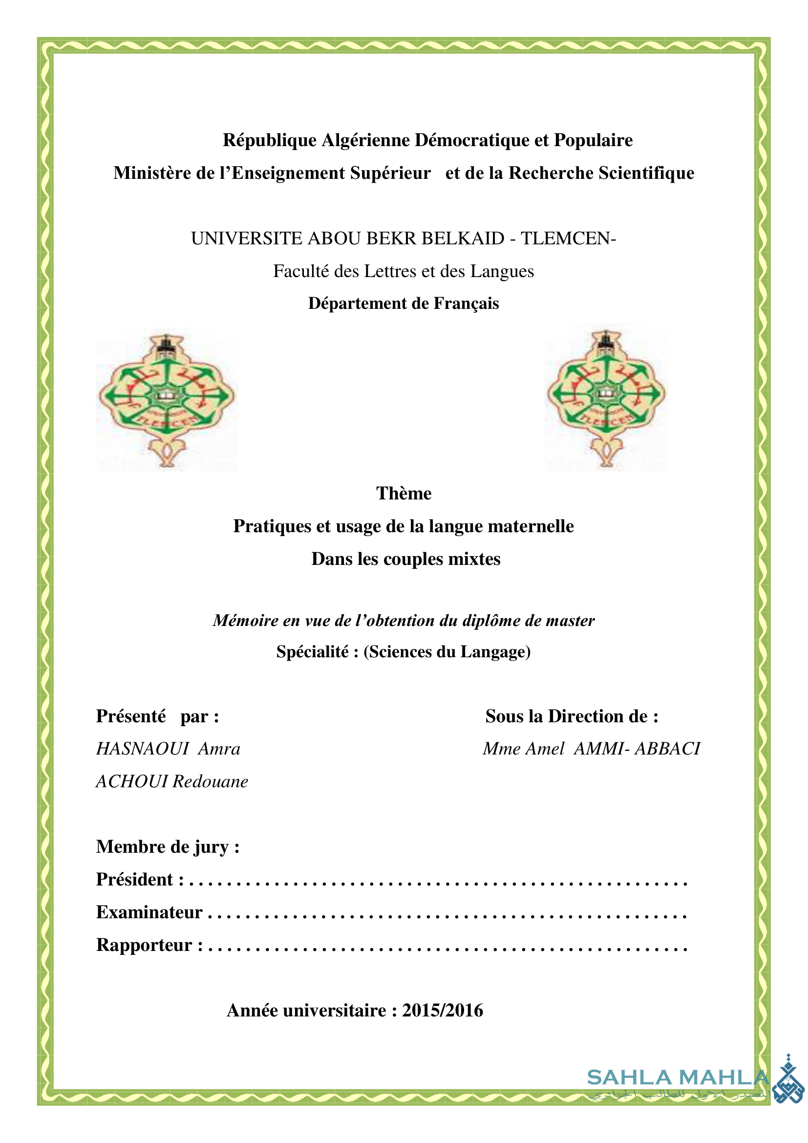 Pratiques et usage de la langue maternelle Dans les couples mixtes