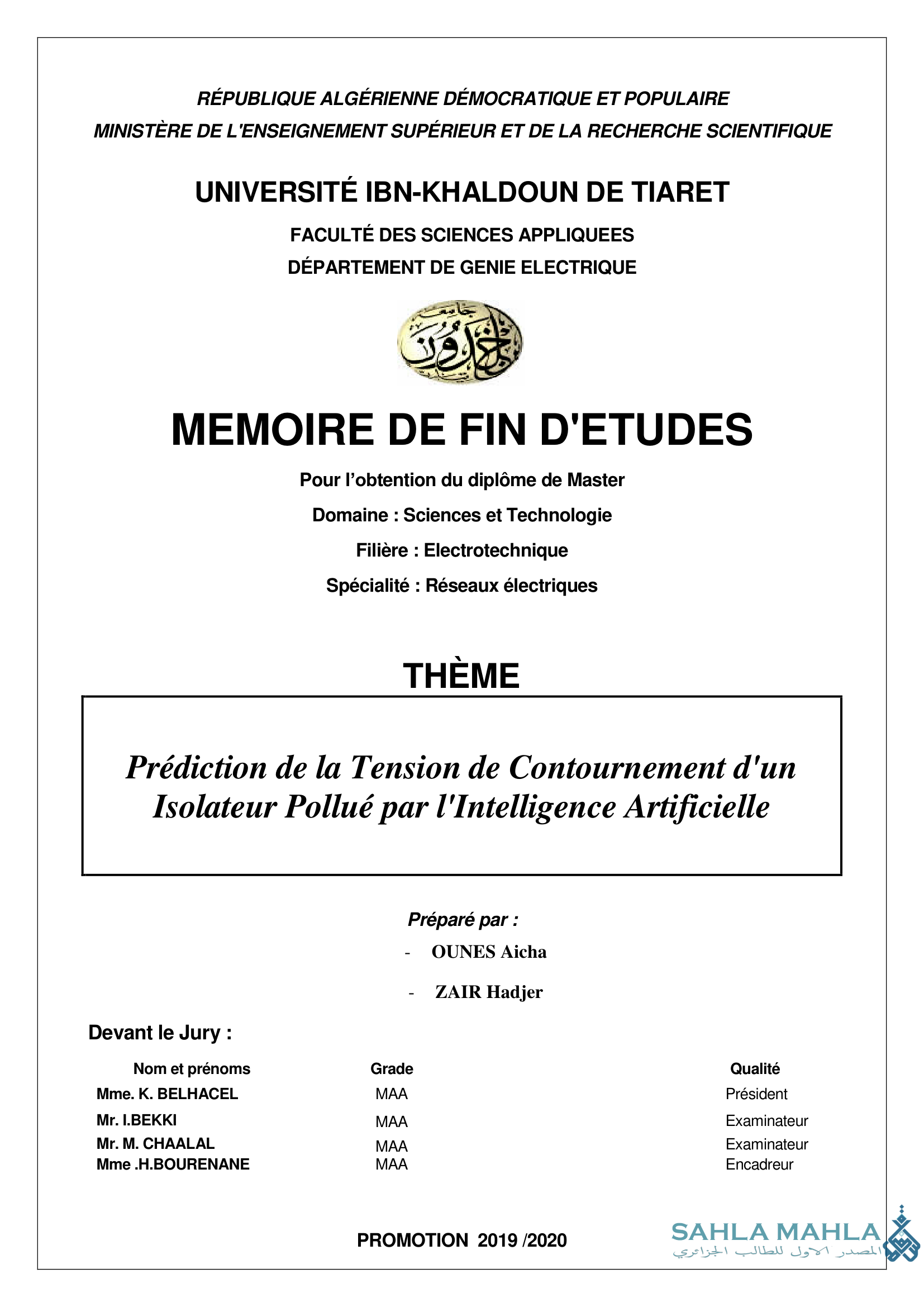 Prédiction de la Tension de Contournement d'un Isolateur Pollué par l'Intelligence Artificielle