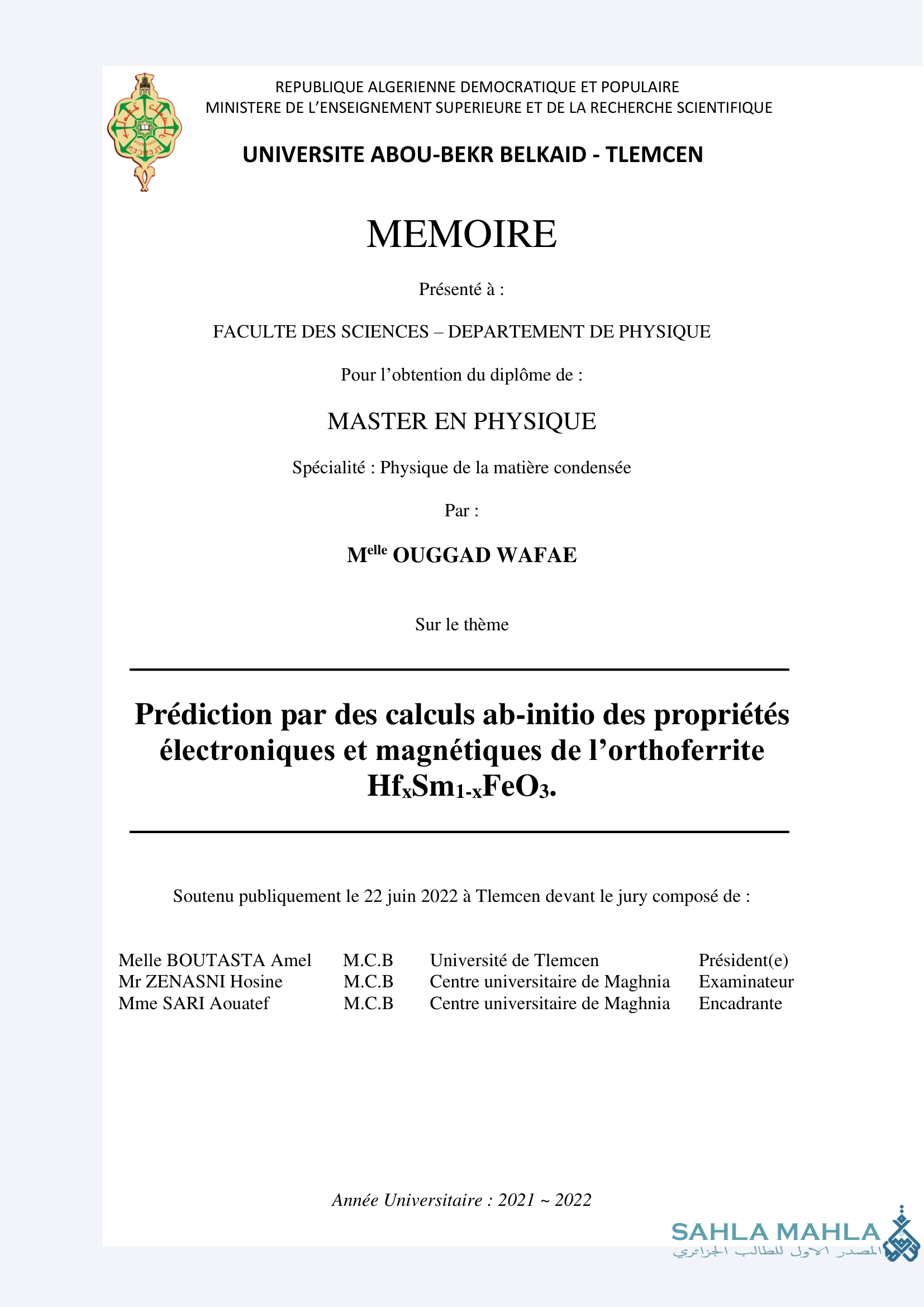 Prédiction par des calculs ab-initio des propriétés électroniques et magnétiques de l'orthoferrite HfxSm1-FeO3.