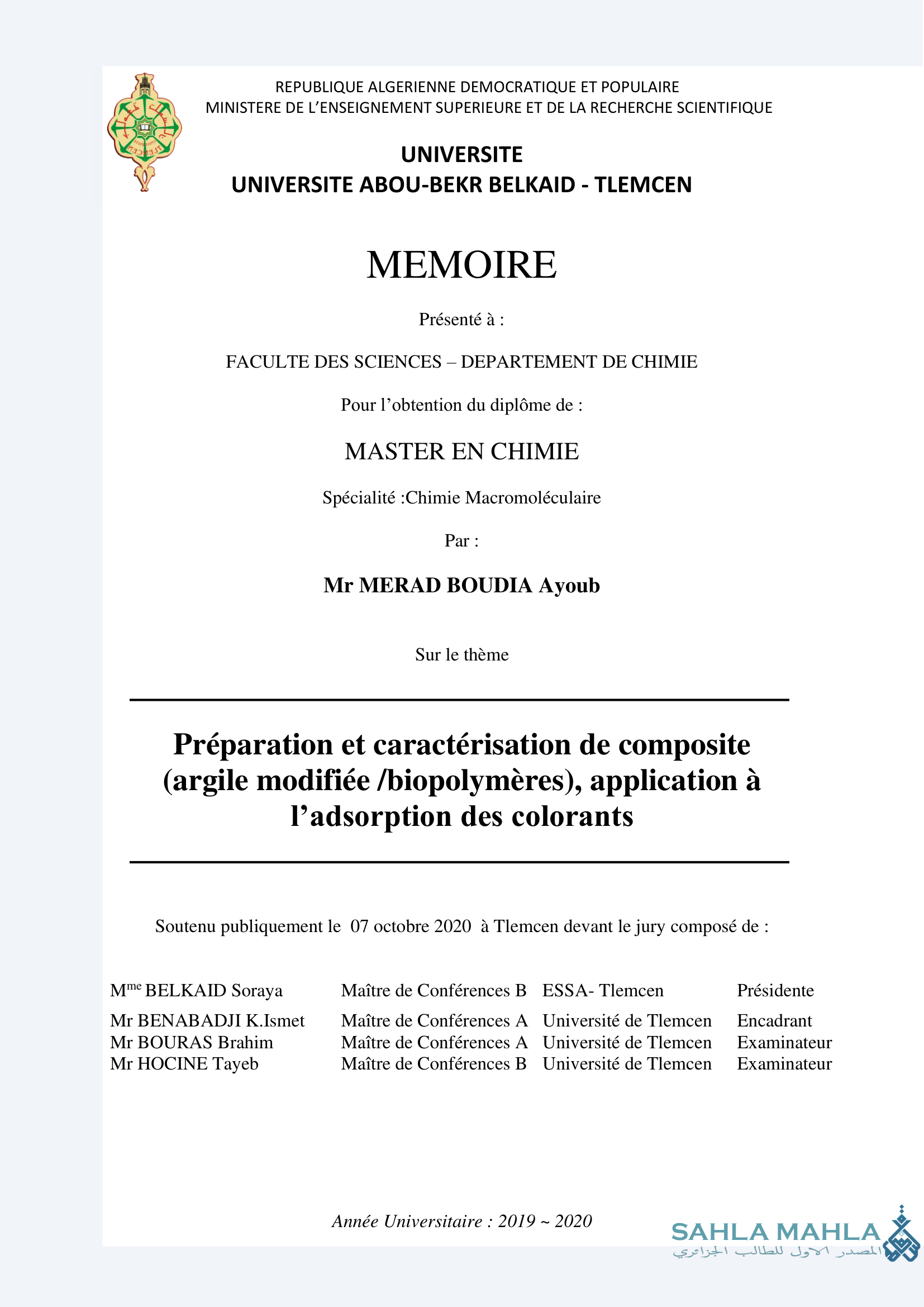 Préparation et caractérisation de composite (argile modifiée /biopolymères), application à l'adsorption des colorants