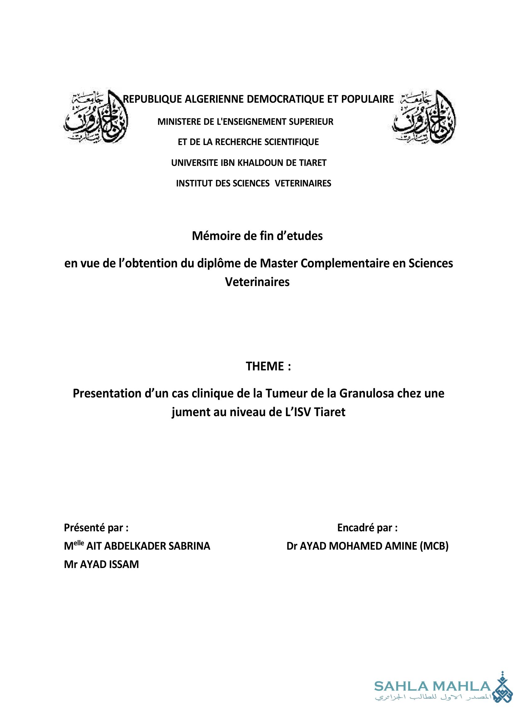 Presentation d'un cas clinique de la Tumeur de la Granulosa chez une jument au niveau de L'ISV Tiaret