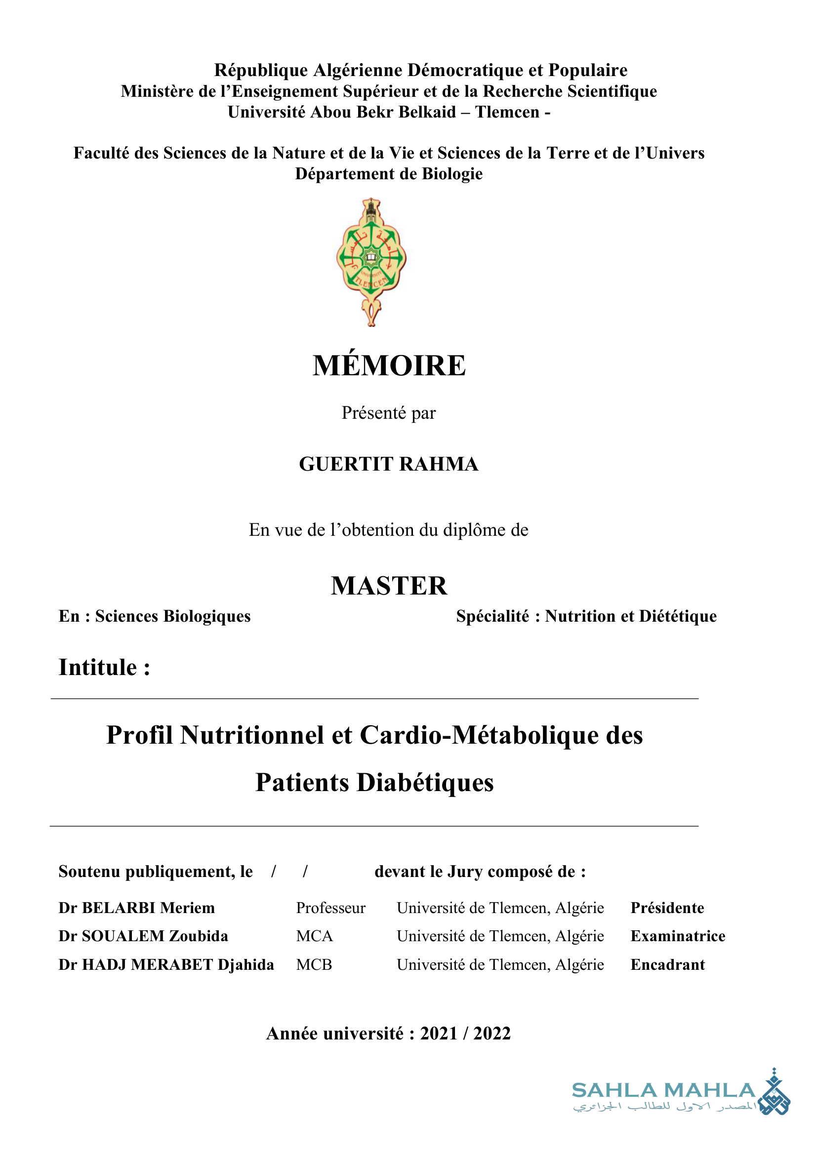 Profil Nutritionnel et Cardio-Métabolique des Patients Diabétiques