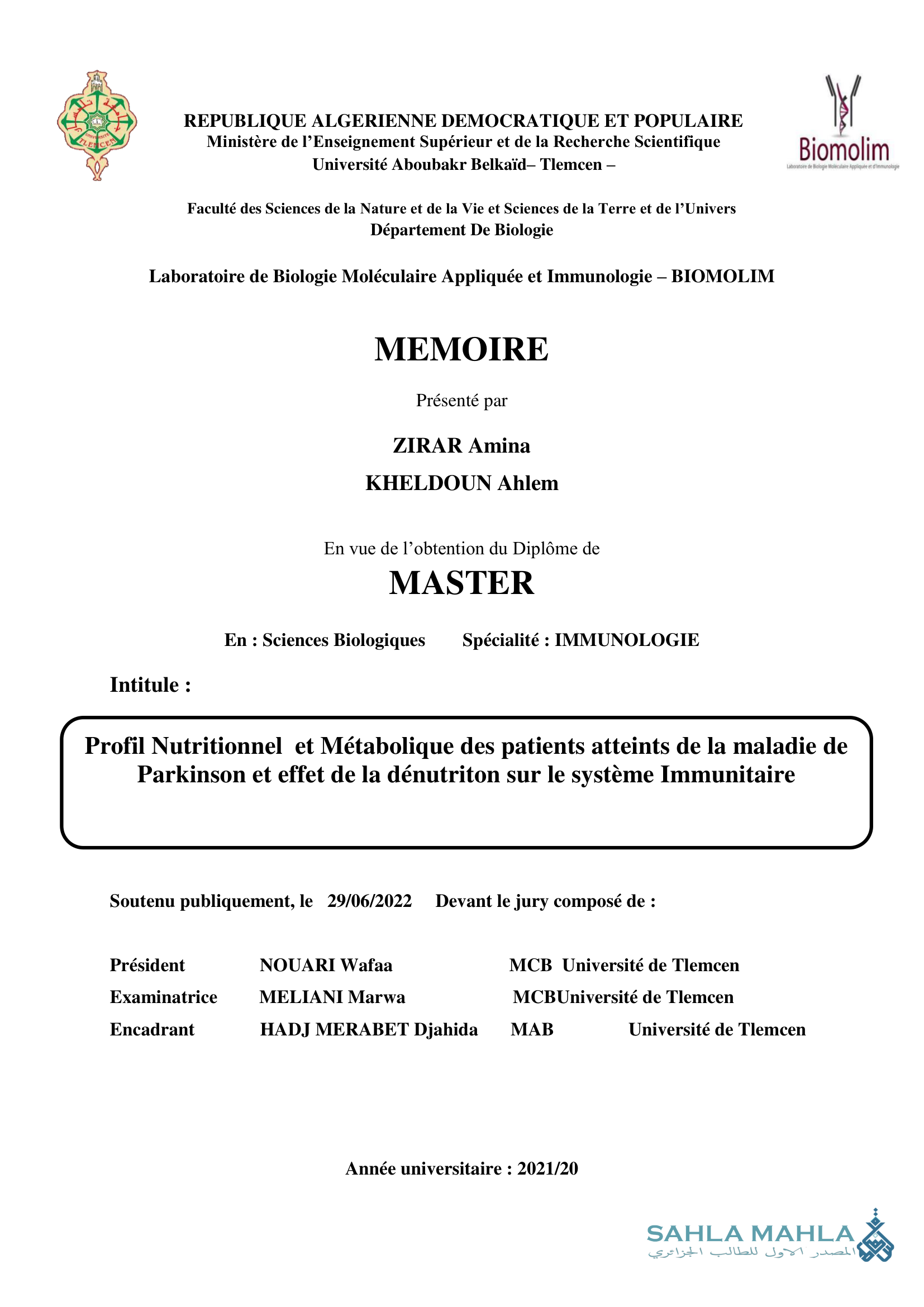 Profil Nutritionnel et Métabolique des patients atteints de la maladie de Parkinson et effet de la dénutriton sur le système Immunitaire