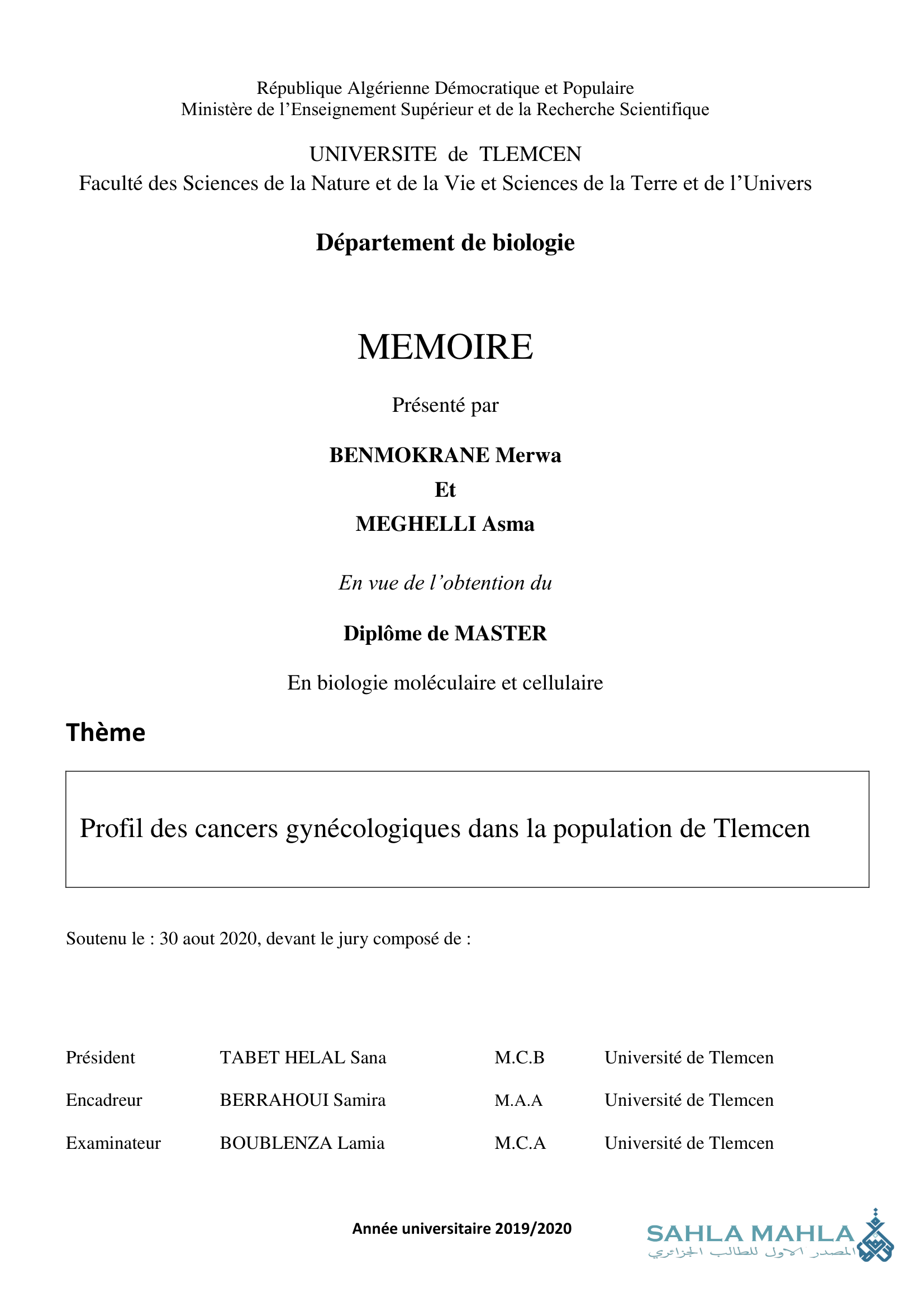 Profil des cancers gynécologiques dans la population de Tlemcen