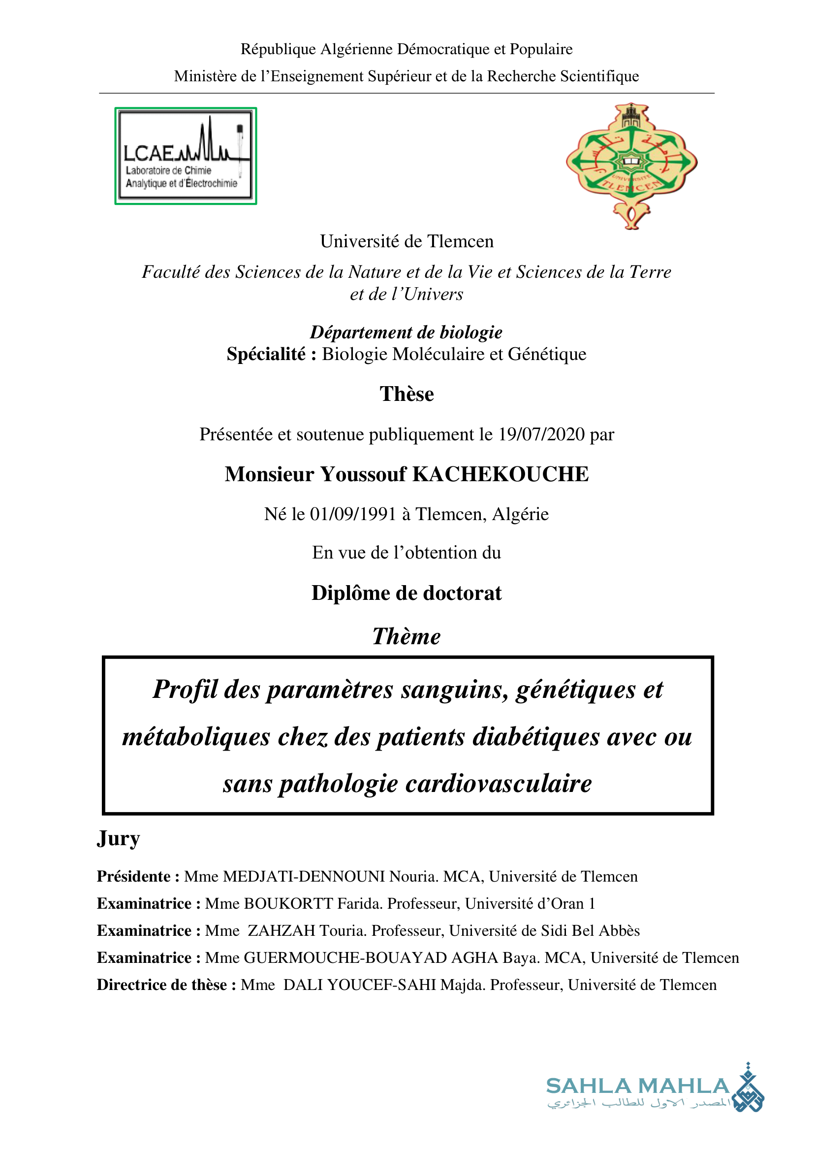 Profil des paramètres sanguins, génétiques et métaboliques chez des patients diabétiques avec ou sans pathologie cardiovasculaire