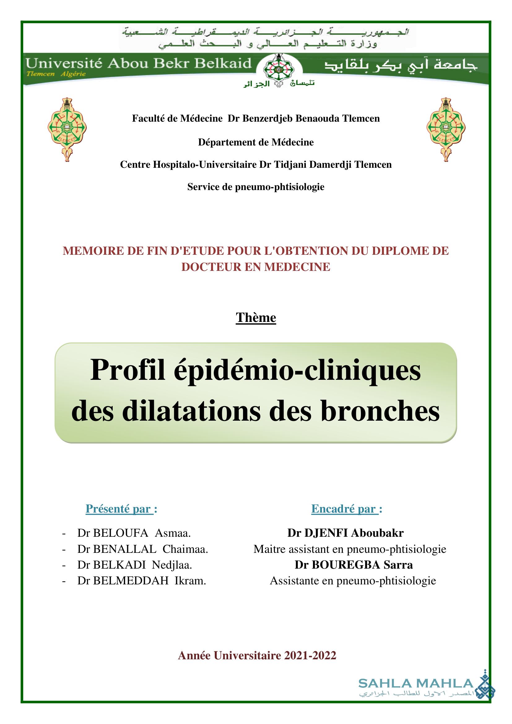 Profil épidémio-cliniques des dilatations des bronches