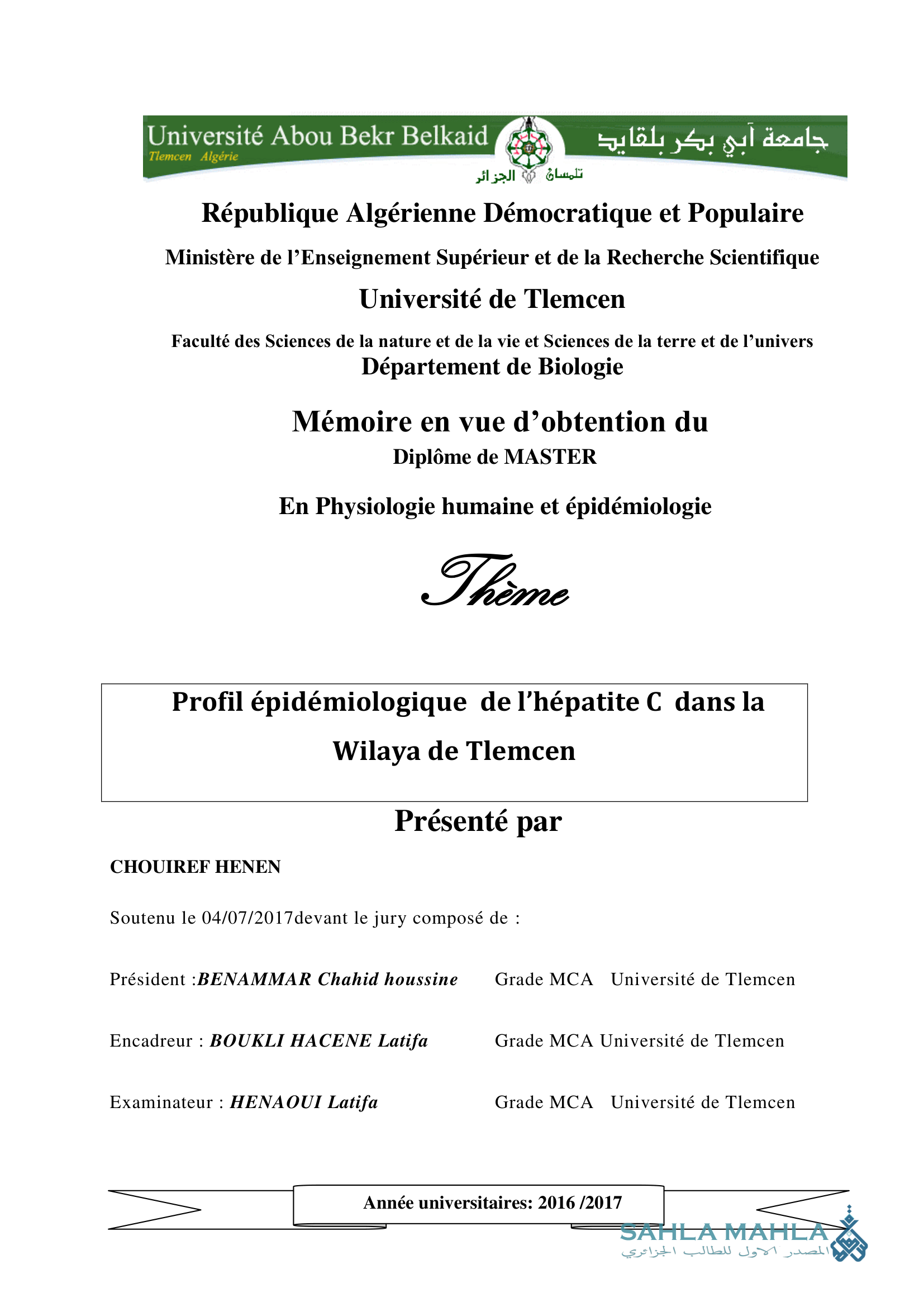 Profil épidémiologique de l'hépatite C dans la Wilaya de Tlemcen