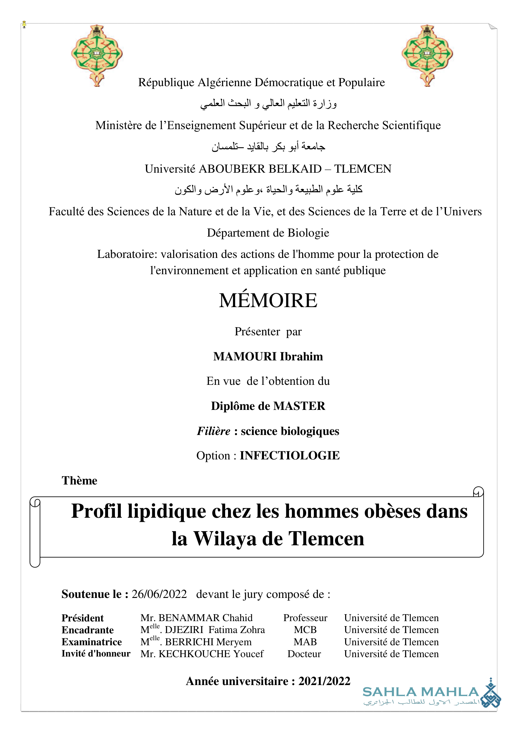 Profil lipidique chez les hommes obèses dans la Wilaya de Tlemcen