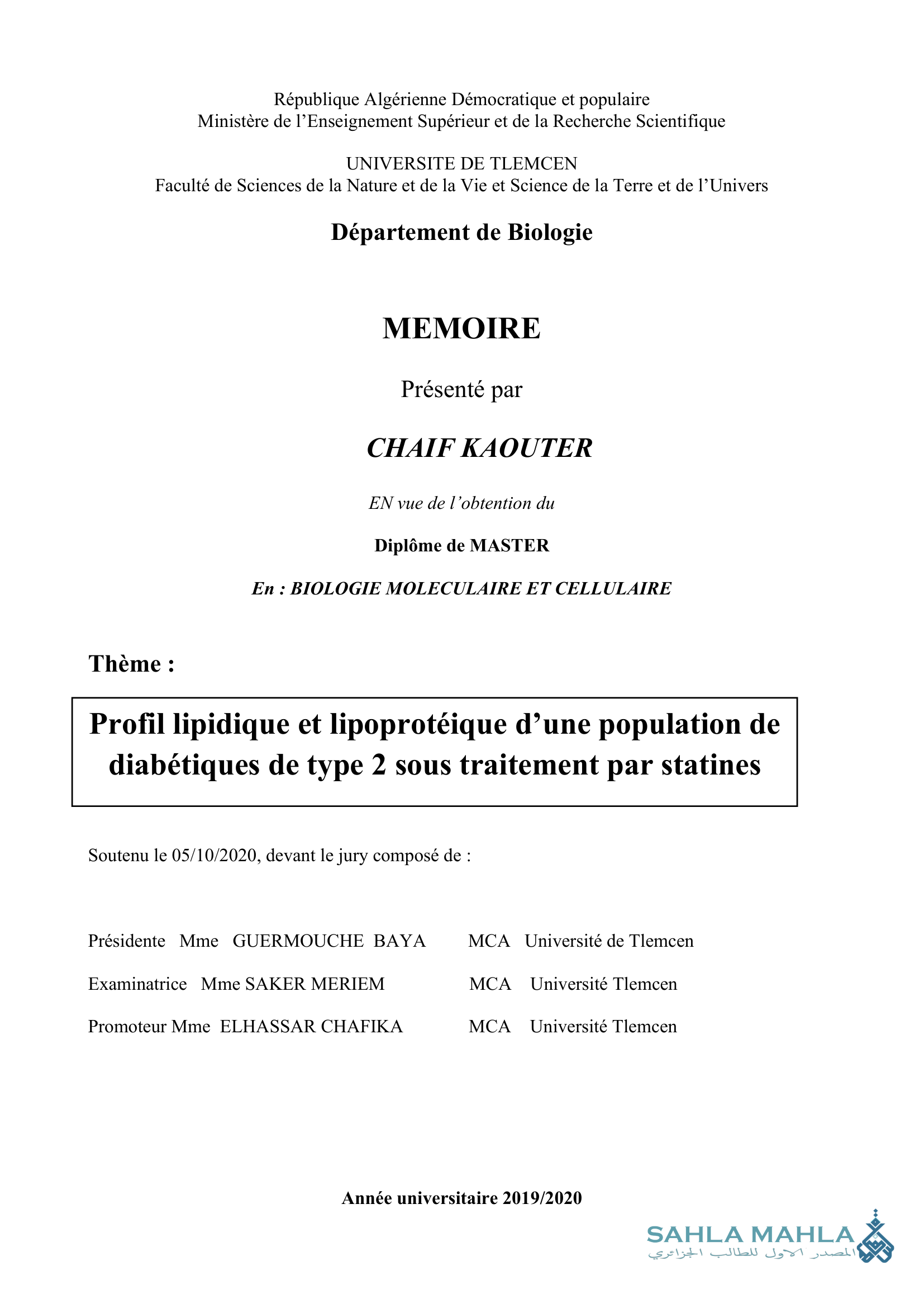 Profil lipidique et lipoprotéique d'une population de diabétiques de type 2 sous traitement par statines