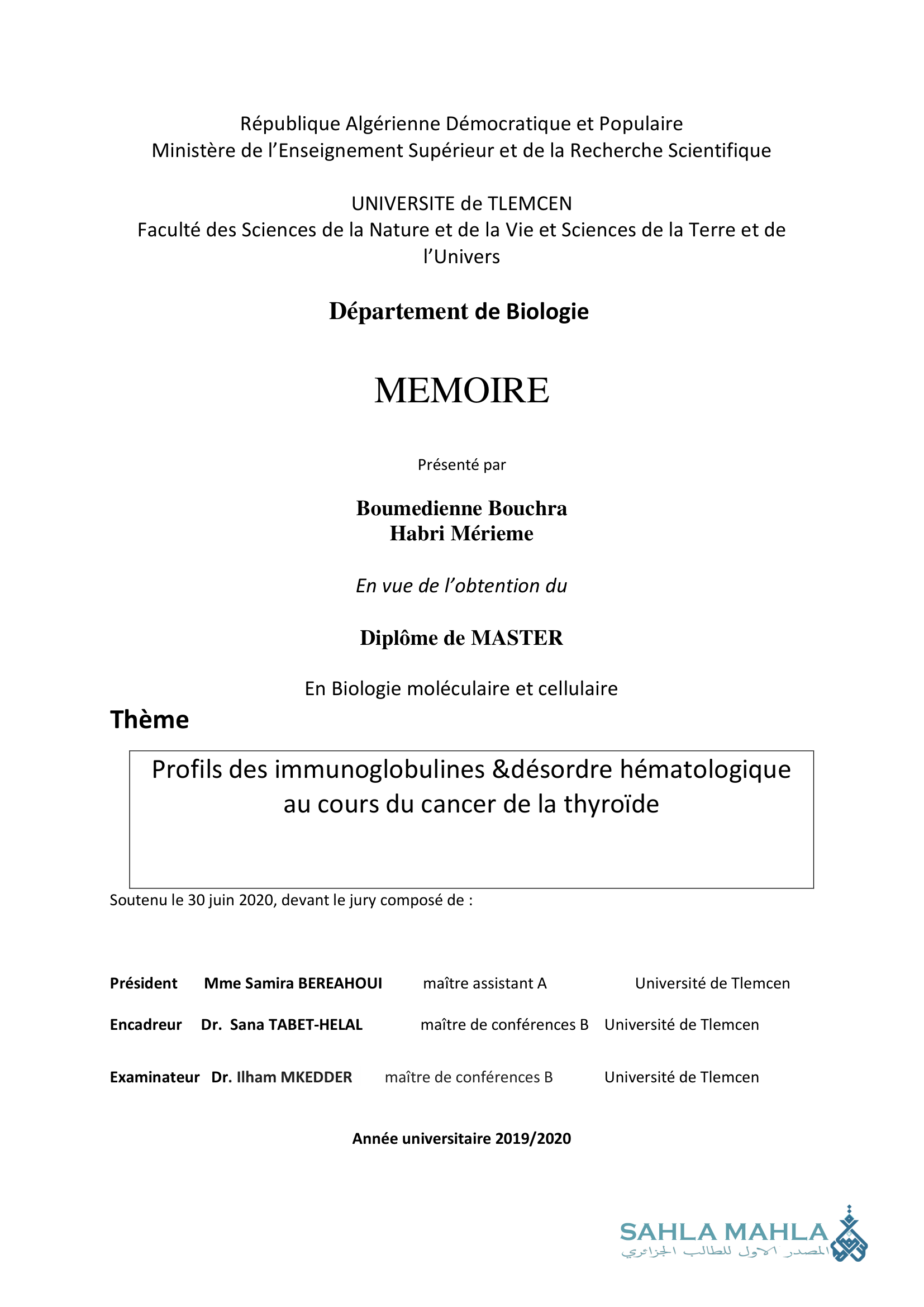 Profils des immunoglobulines &désordre hématologique au cours du cancer de la thyroïde