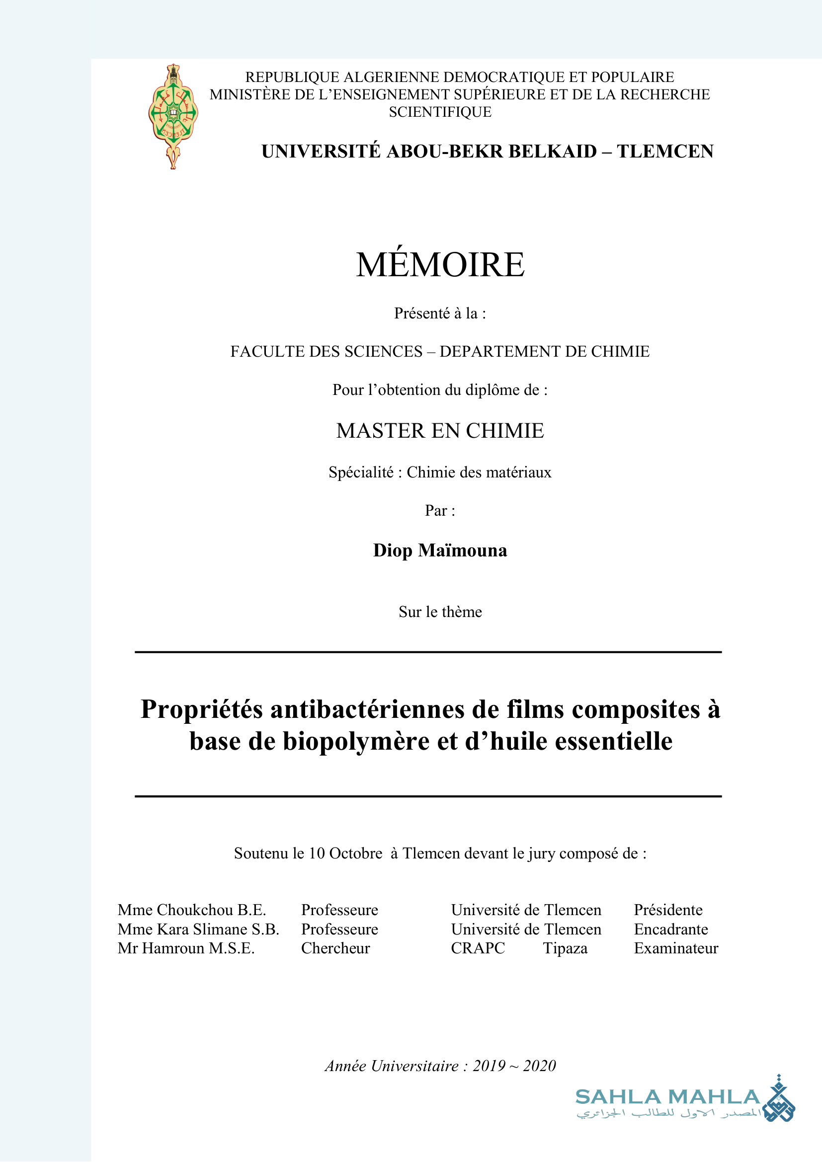 Propriétés antibactériennes de films composites à base de biopolymère et d'huile essentielle