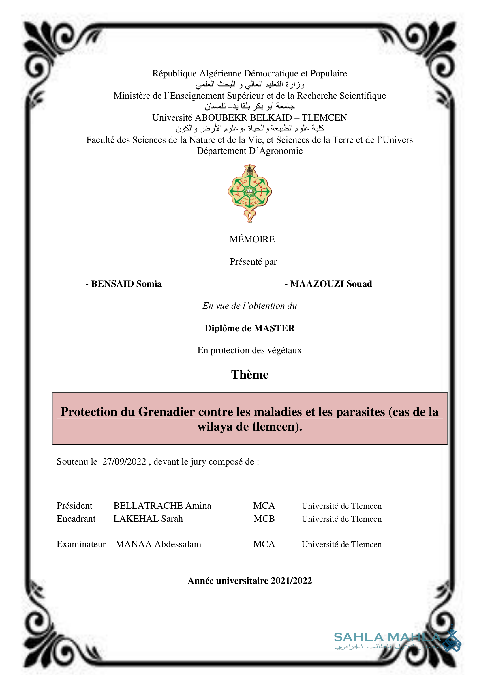 Protection du Grenadier contre les maladies et les parasites (cas de la wilaya de tlemcen)