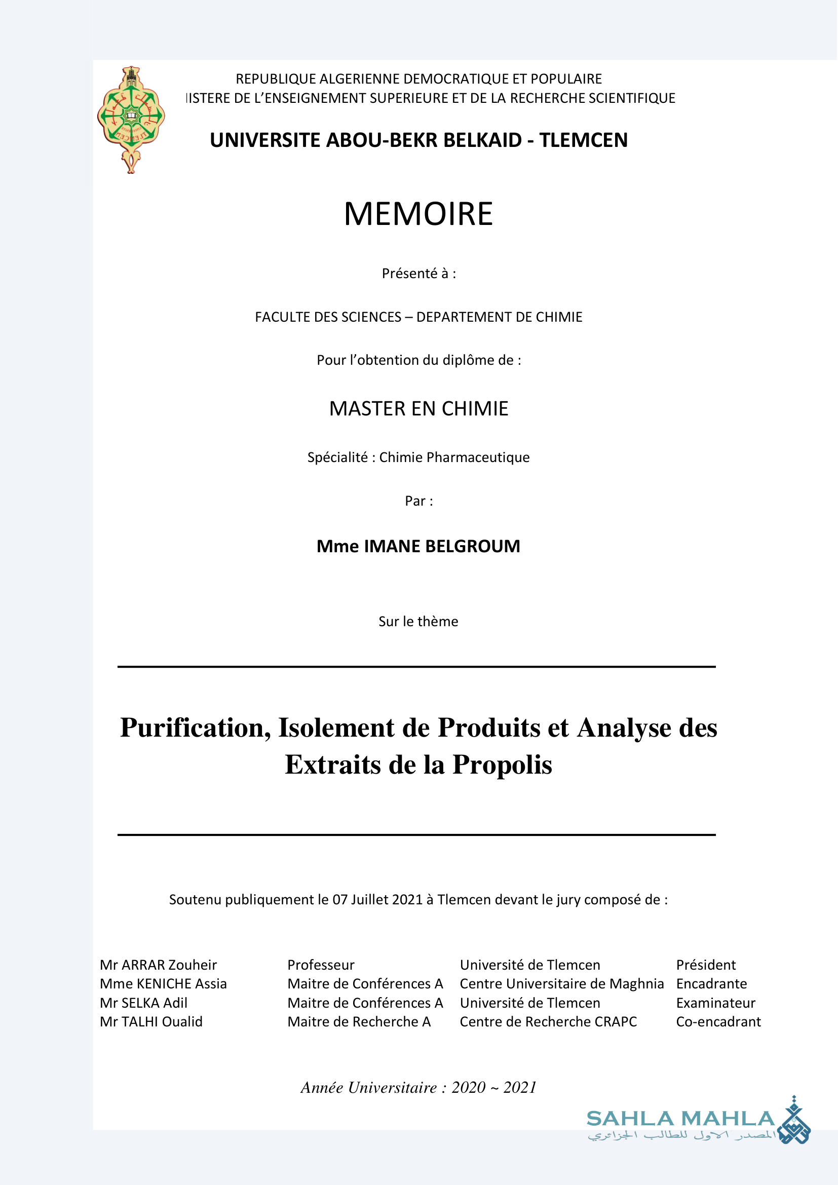 Purification, Isolement de Produits et Analyse des Extraits de la Propolis