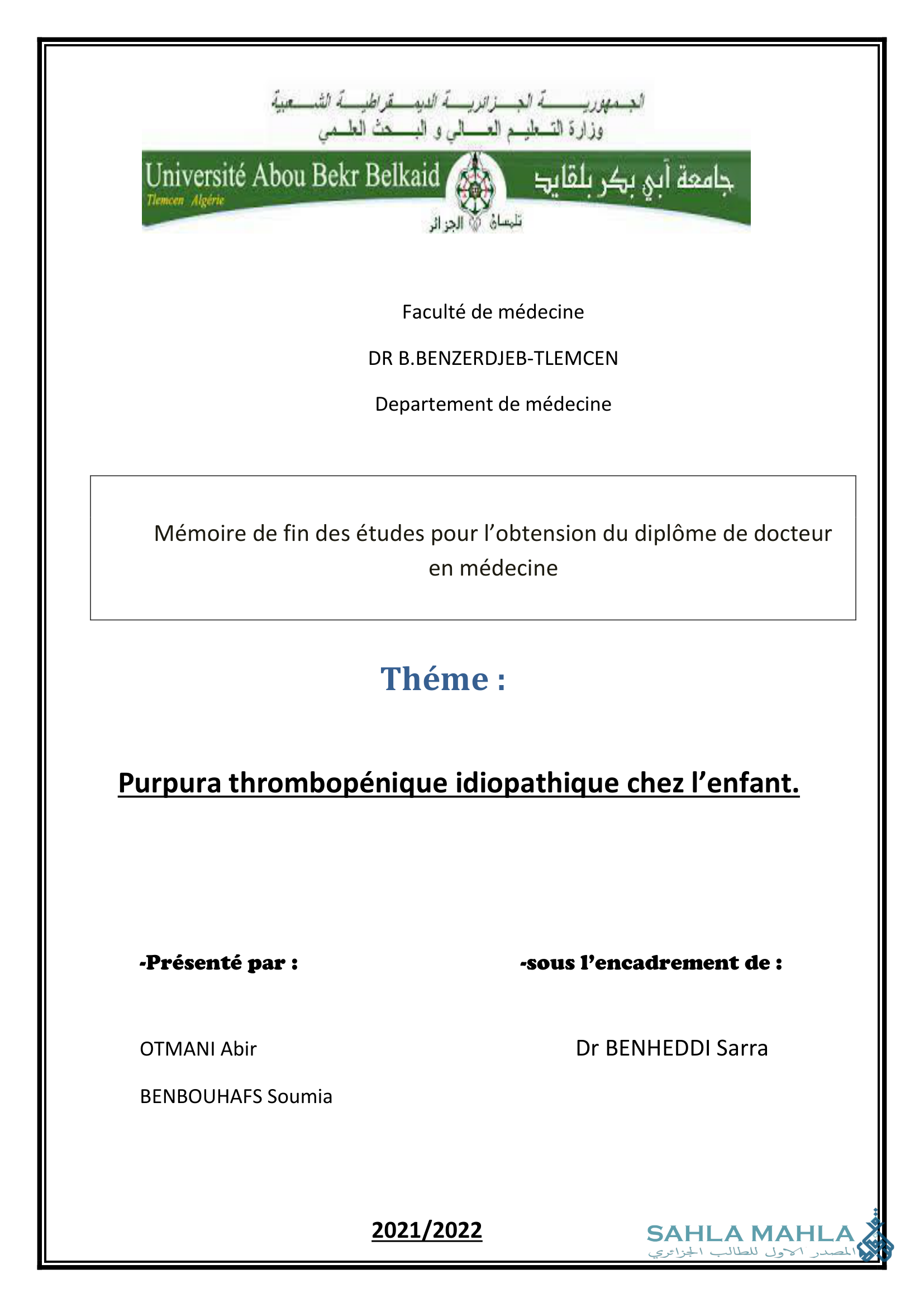 Purpura thrombopénique idiopathique chez l'enfant.