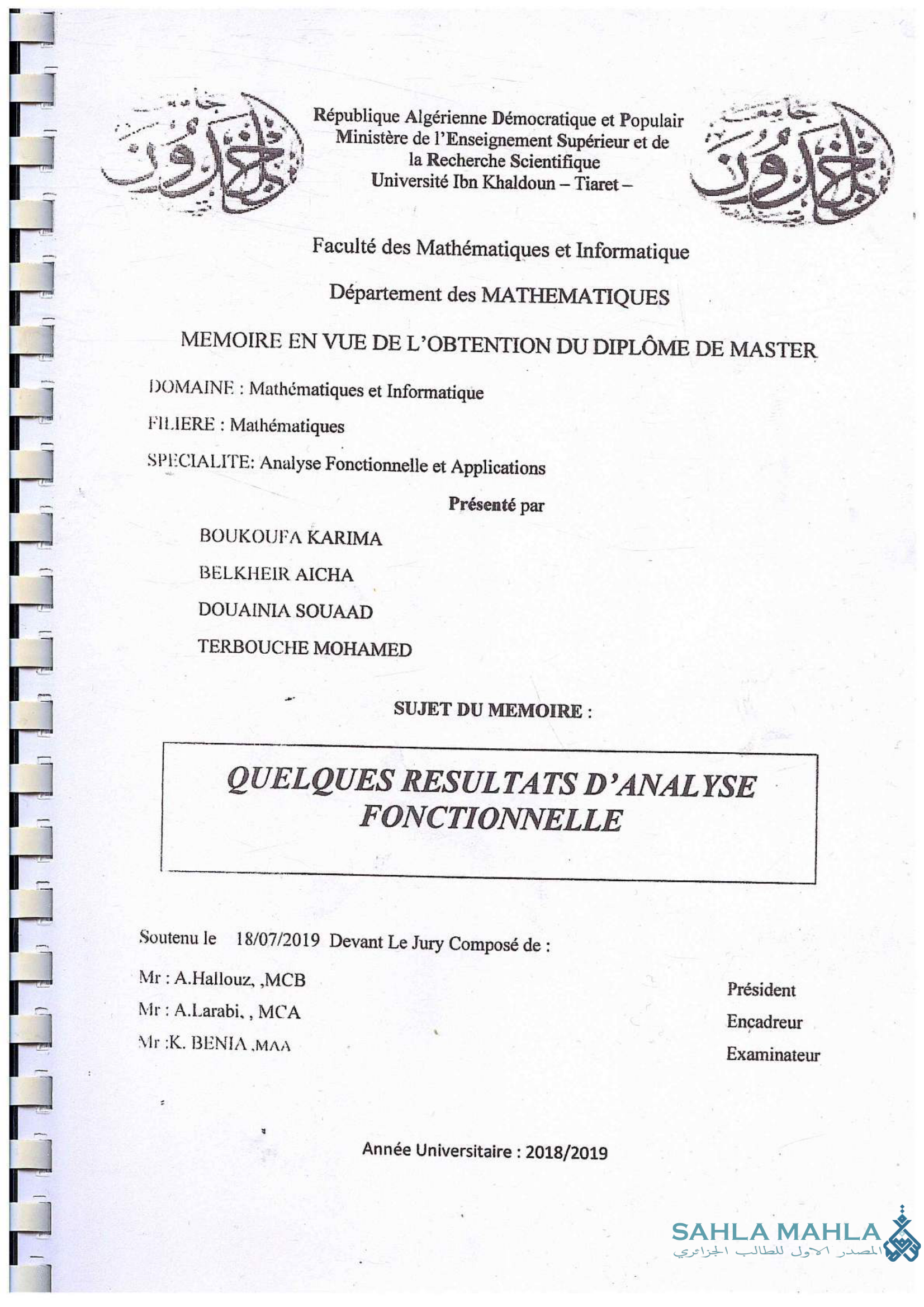 QUELQUES RESULTATS D'ANALYSE FONCTIONNELLE