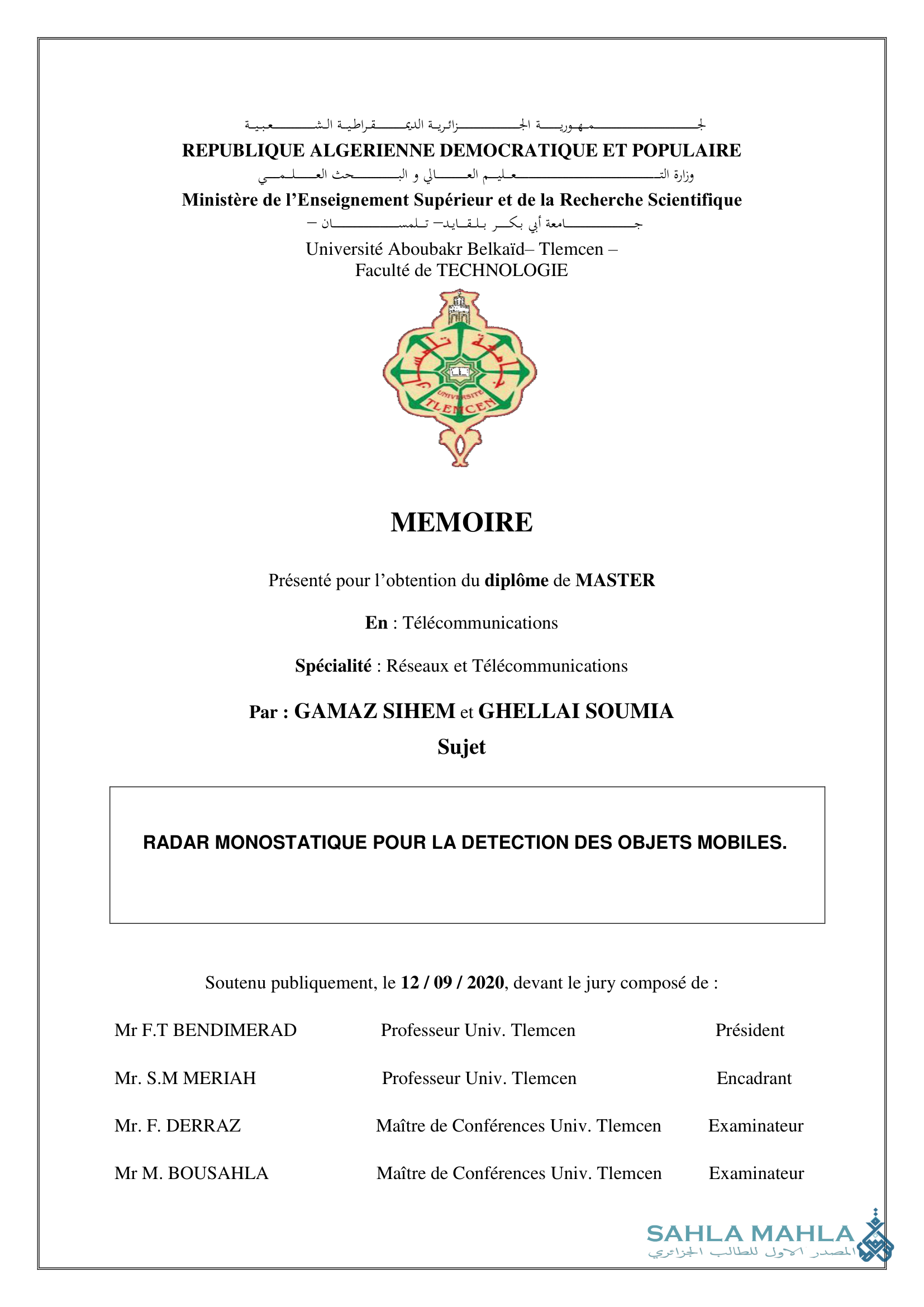 RADAR MONOSTATIQUE POUR LA DETECTION DES OBJETS MOBILES.