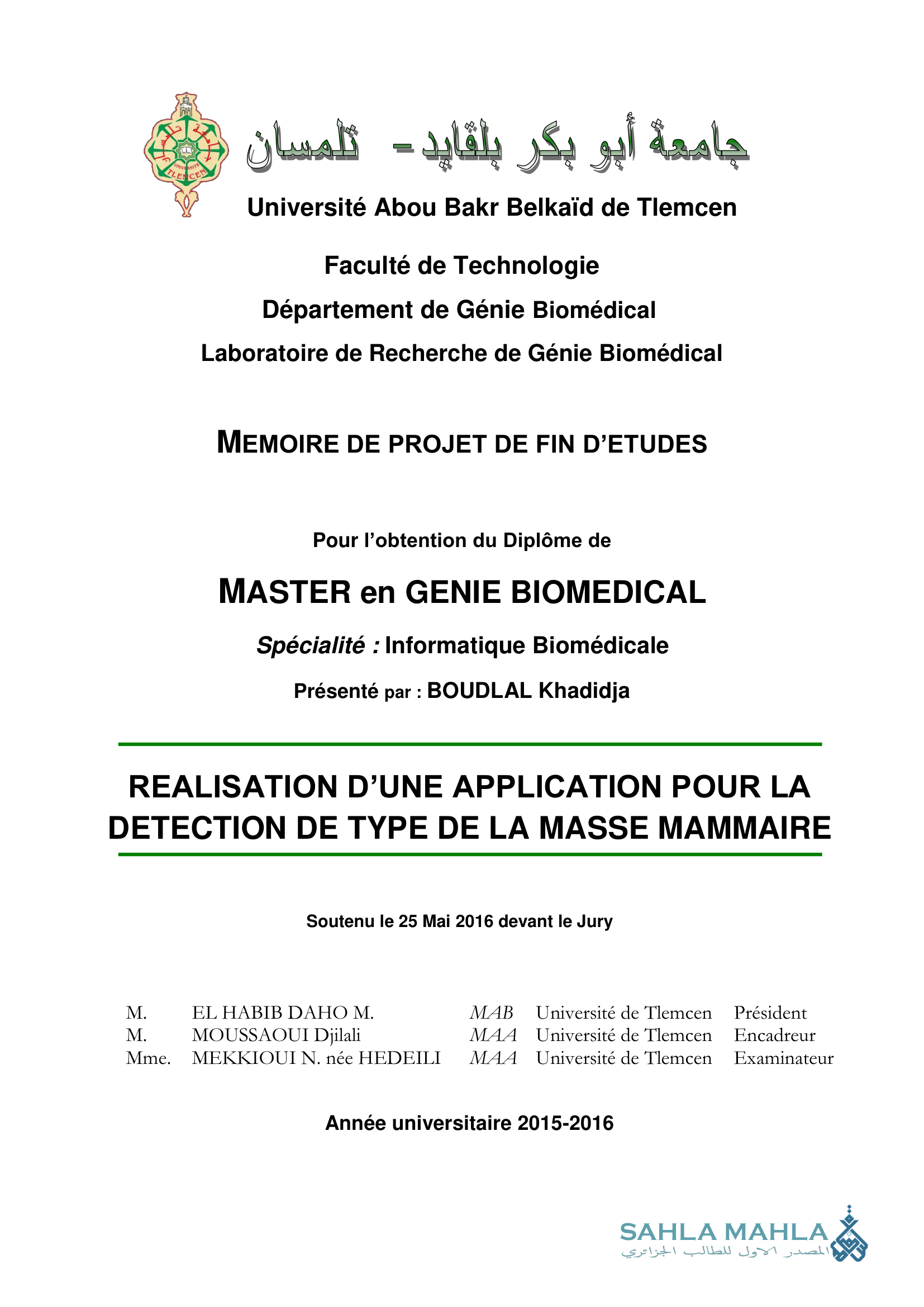 REALISATION D'UNE APPLICATION POUR LA DETECTION DE TYPE DE LA MASSE MAMMAIRE