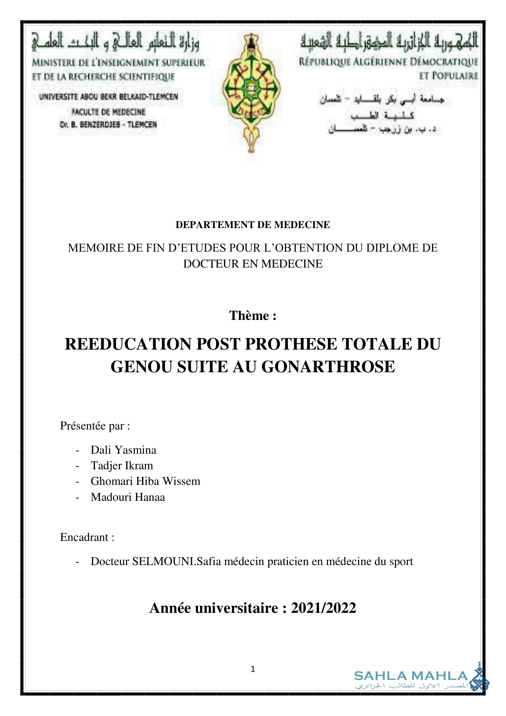 REEDUCATION POST PROTHESE TOTALE DU GENOU SUITE AU GONARTHROSE