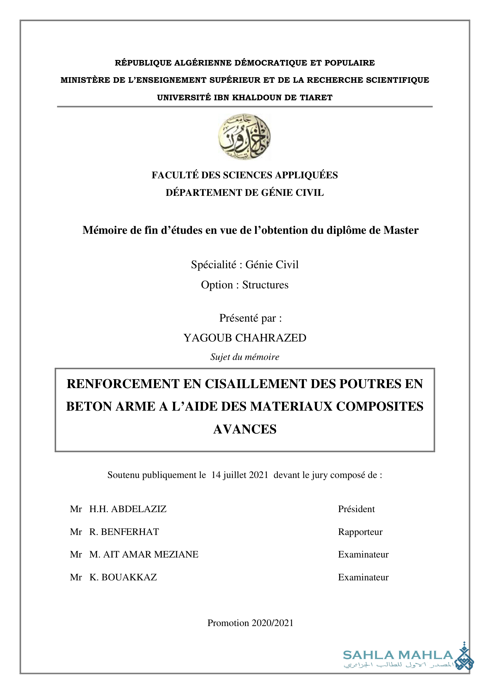 RENFORCEMENT EN CISAILLEMENT DES POUTRES EN BETON ARME A L'AIDE DES MATERIAUX COMPOSITES AVANCES