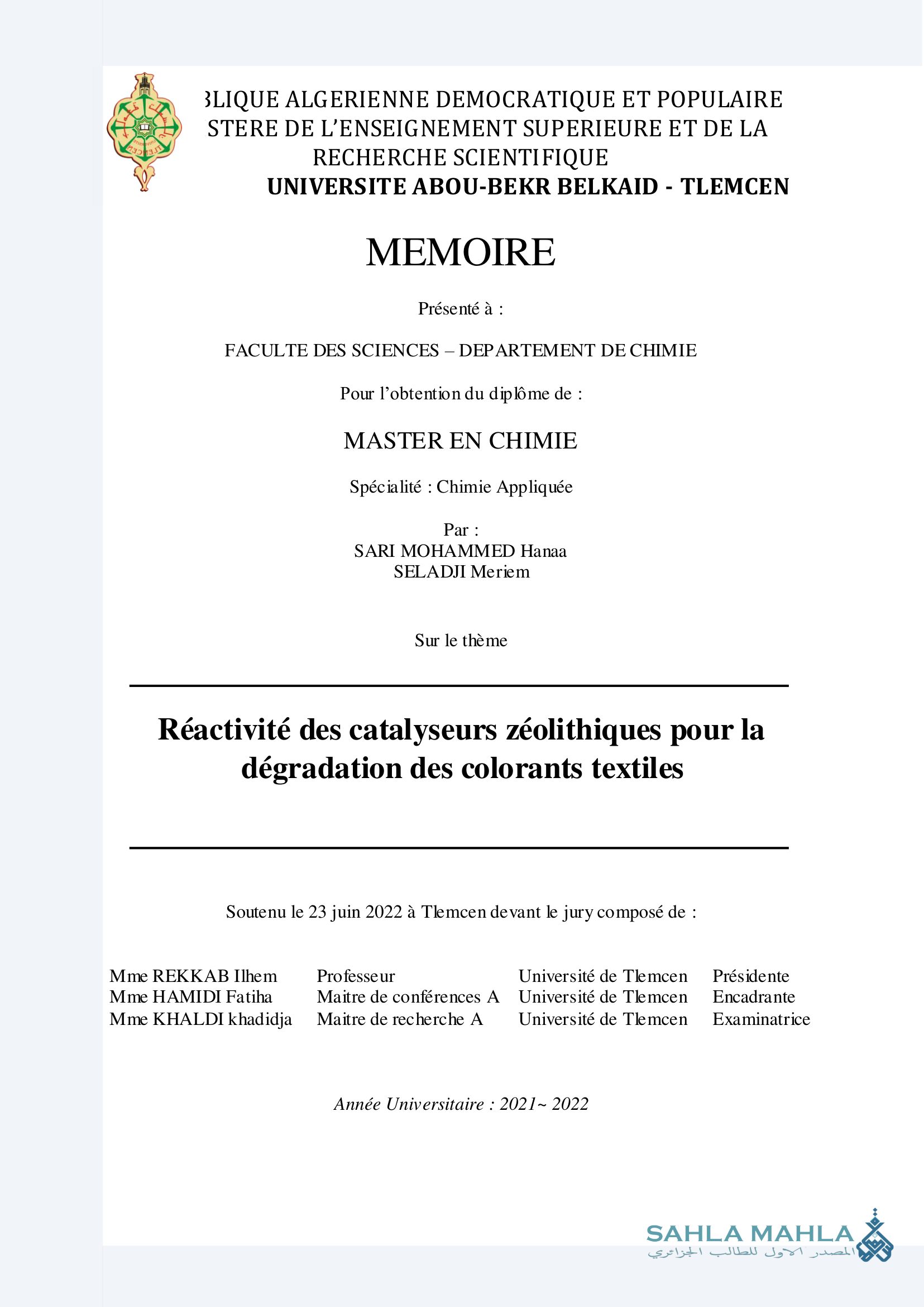 Réactivité des catalyseurs zéolithiques pour la dégradation des colorants textiles