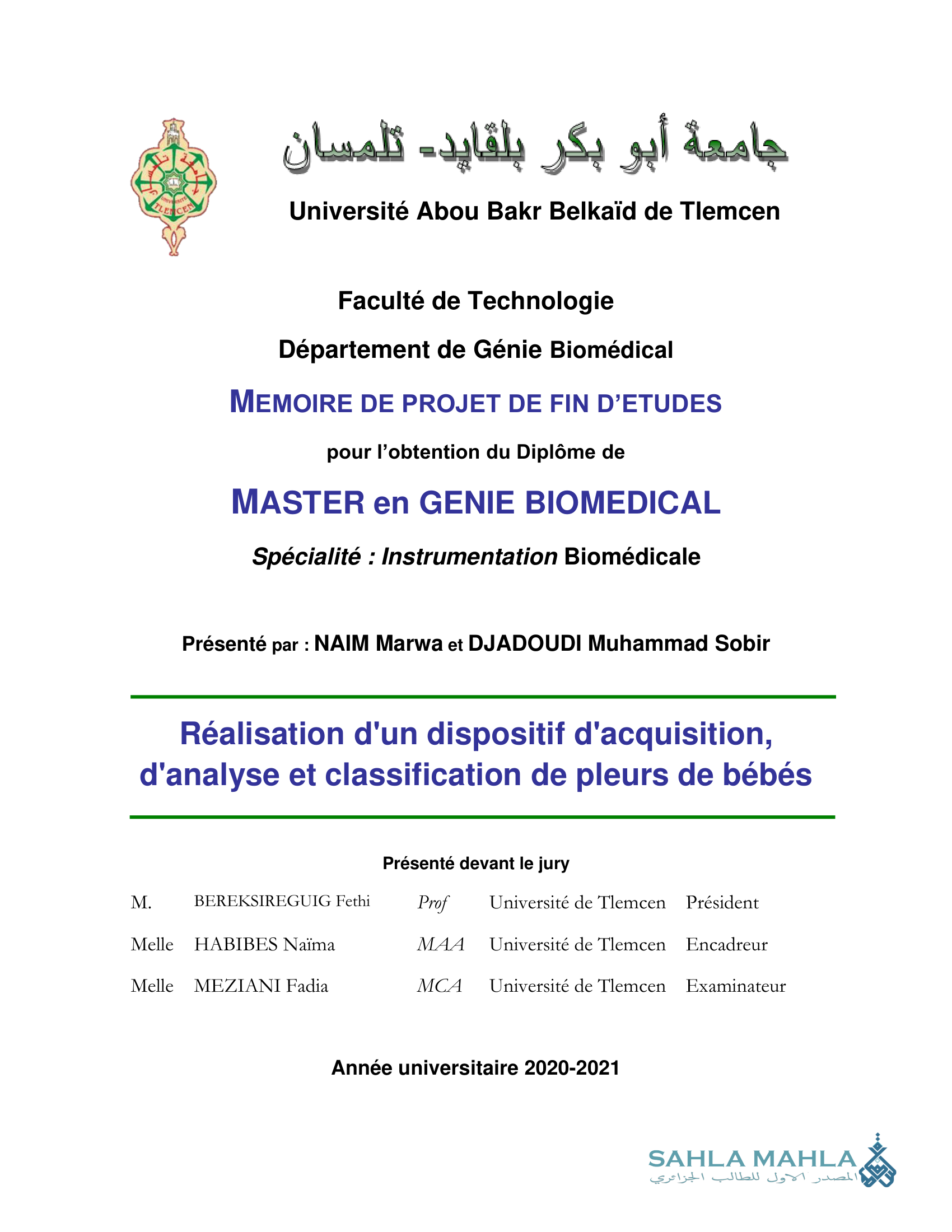 Réalisation d'un dispositif d'acquisition, d'analyse et classification de pleurs de bébés