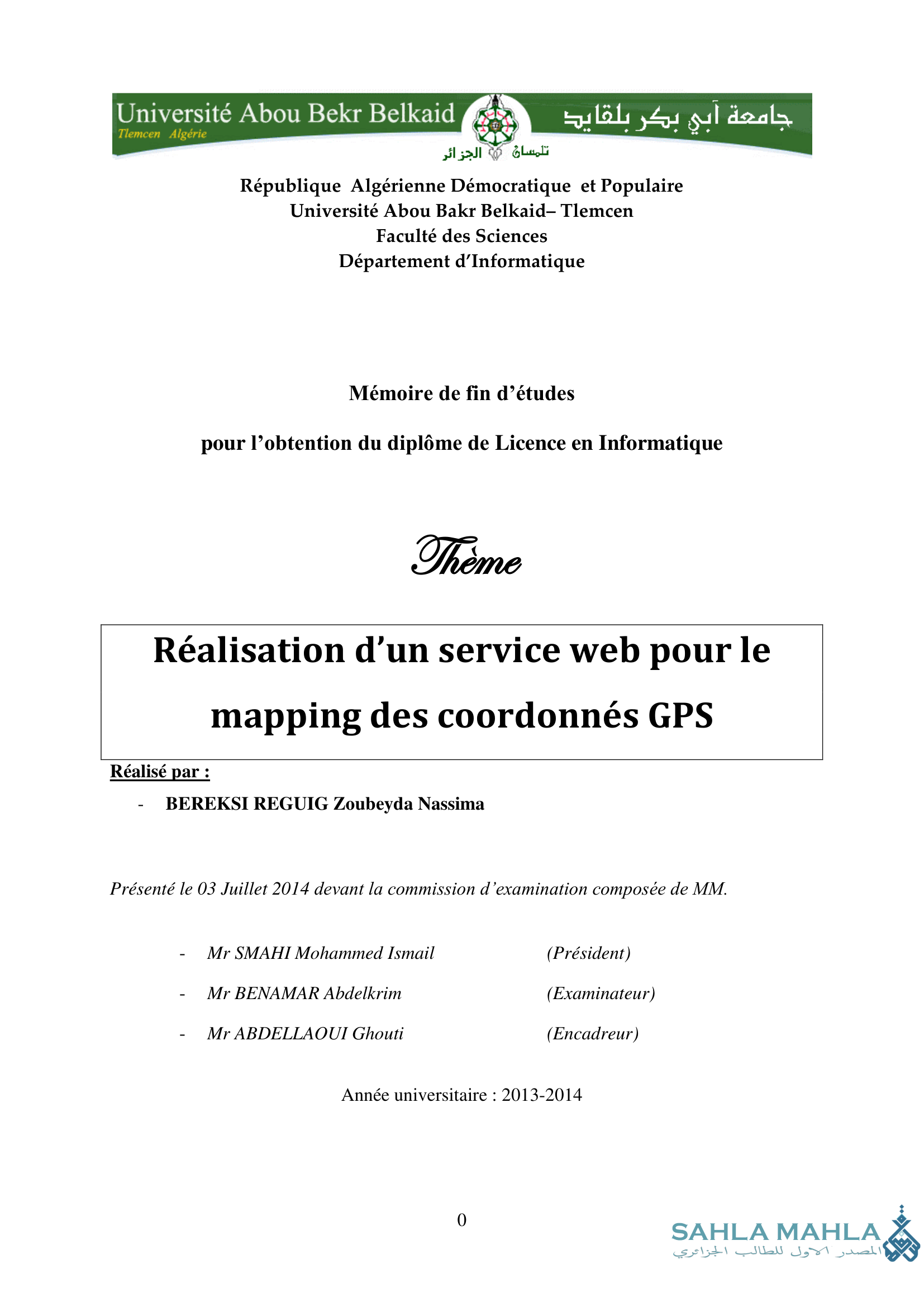 Réalisation d'un service web pour le mapping des coordonnés GPS