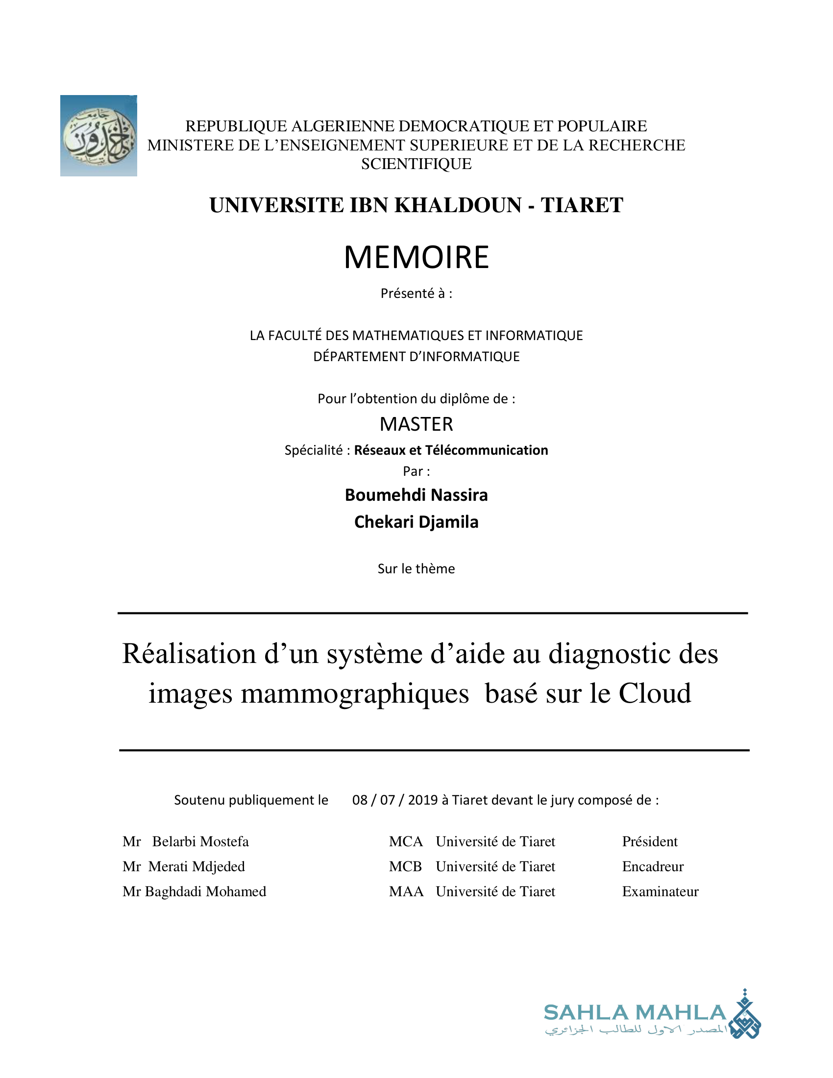 Réalisation d'un système d'aide au diagnostic des images mammographiques basé sur le Cloud