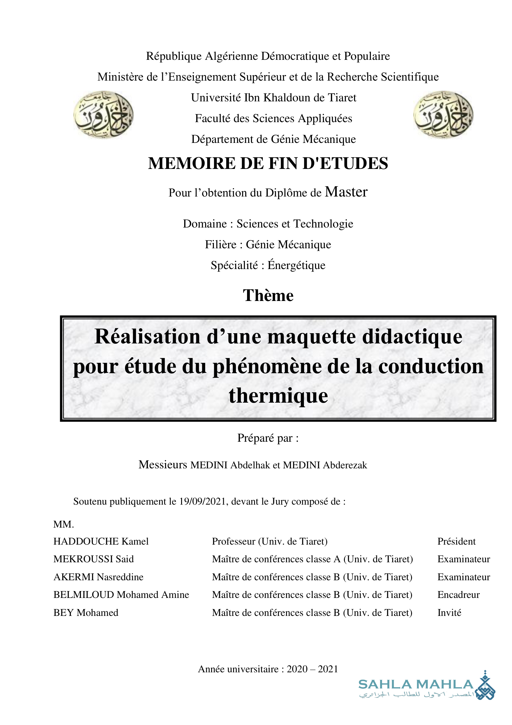 Réalisation d'une maquette didactique pour étude du phénomène de la conduction thermique