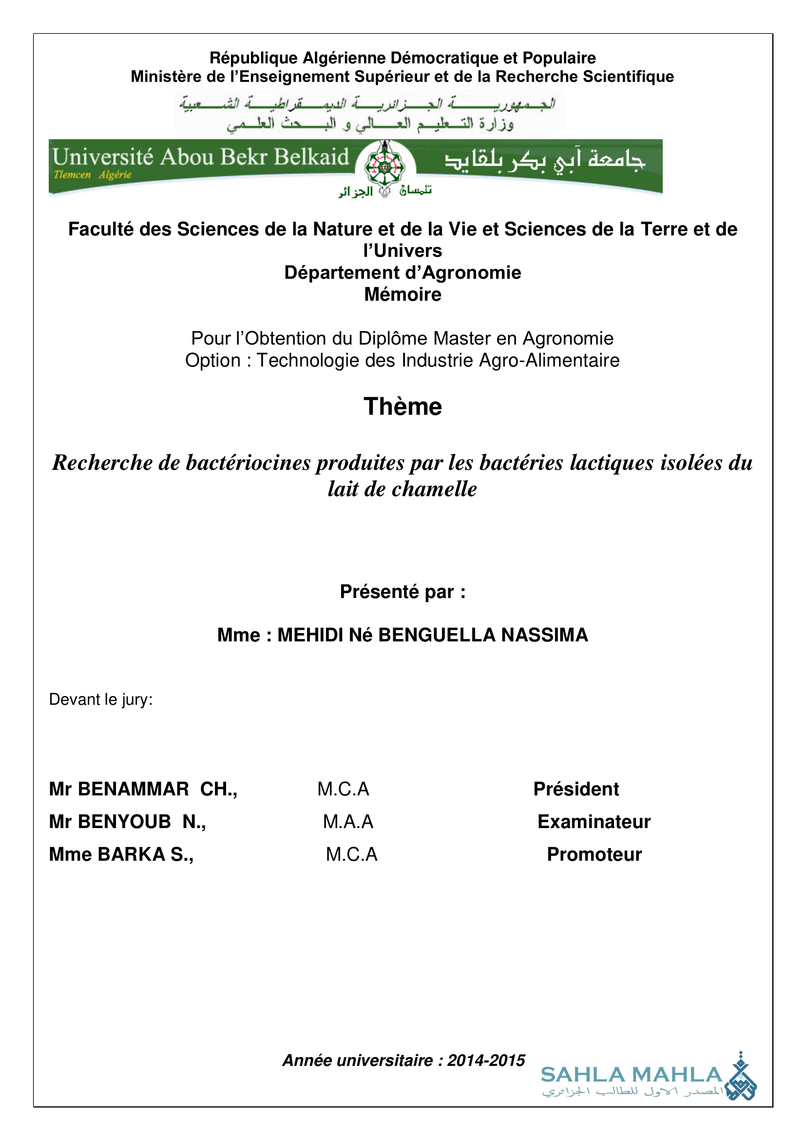 Recherche de bactériocines produites par les bactéries lactiques isolées du lait de chamelle
