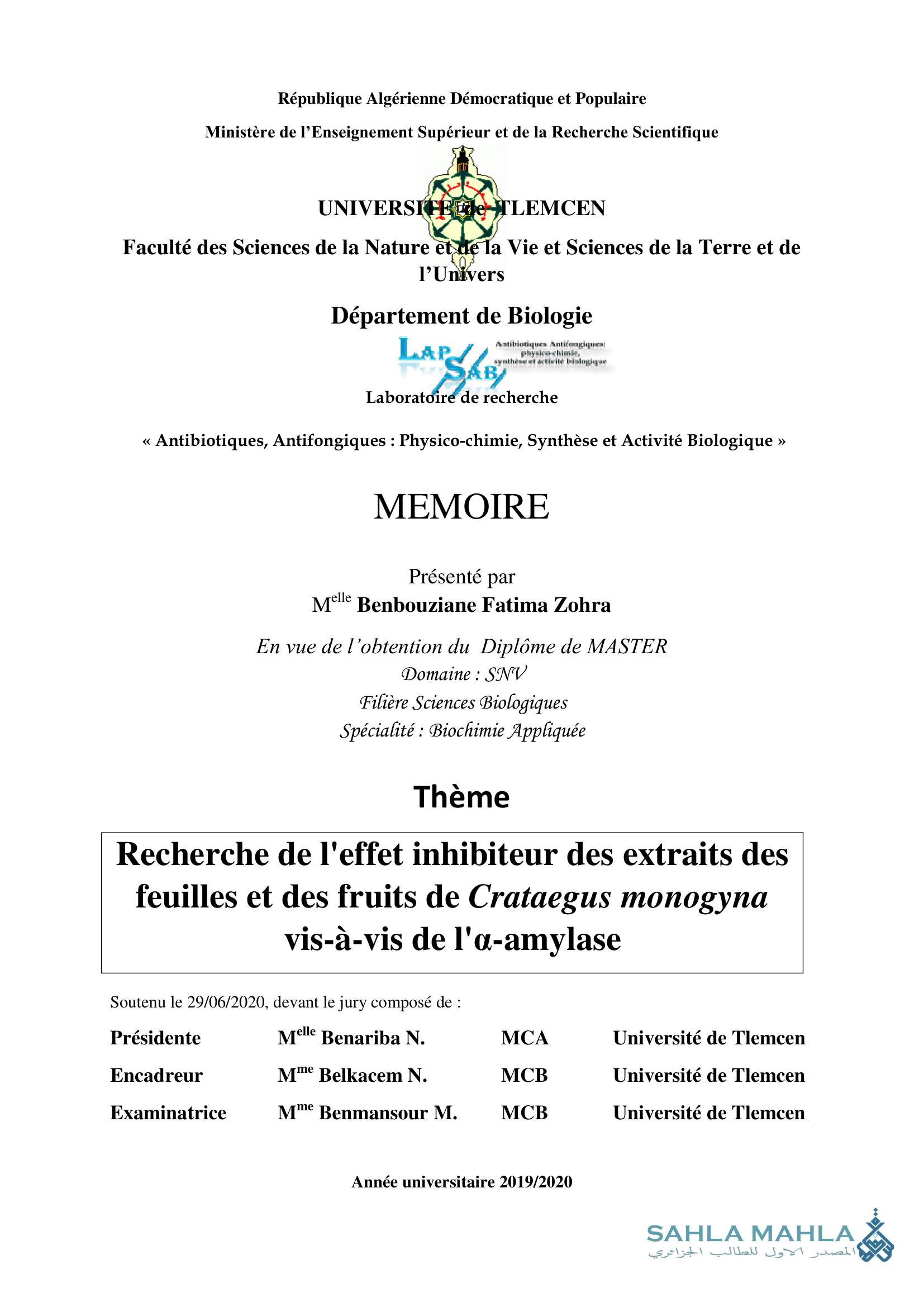 Recherche de l'effet inhibiteur des extraits des feuilles et des fruits de Crataegus monogyna vis-à-vis de l'a-amylase