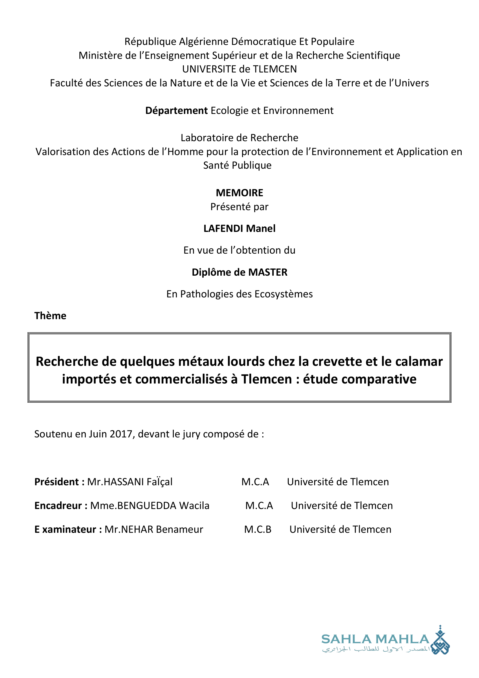 Recherche de quelques métaux lourds chez la crevette et le calamar importés et commercialisés à Tlemcen : étude comparative