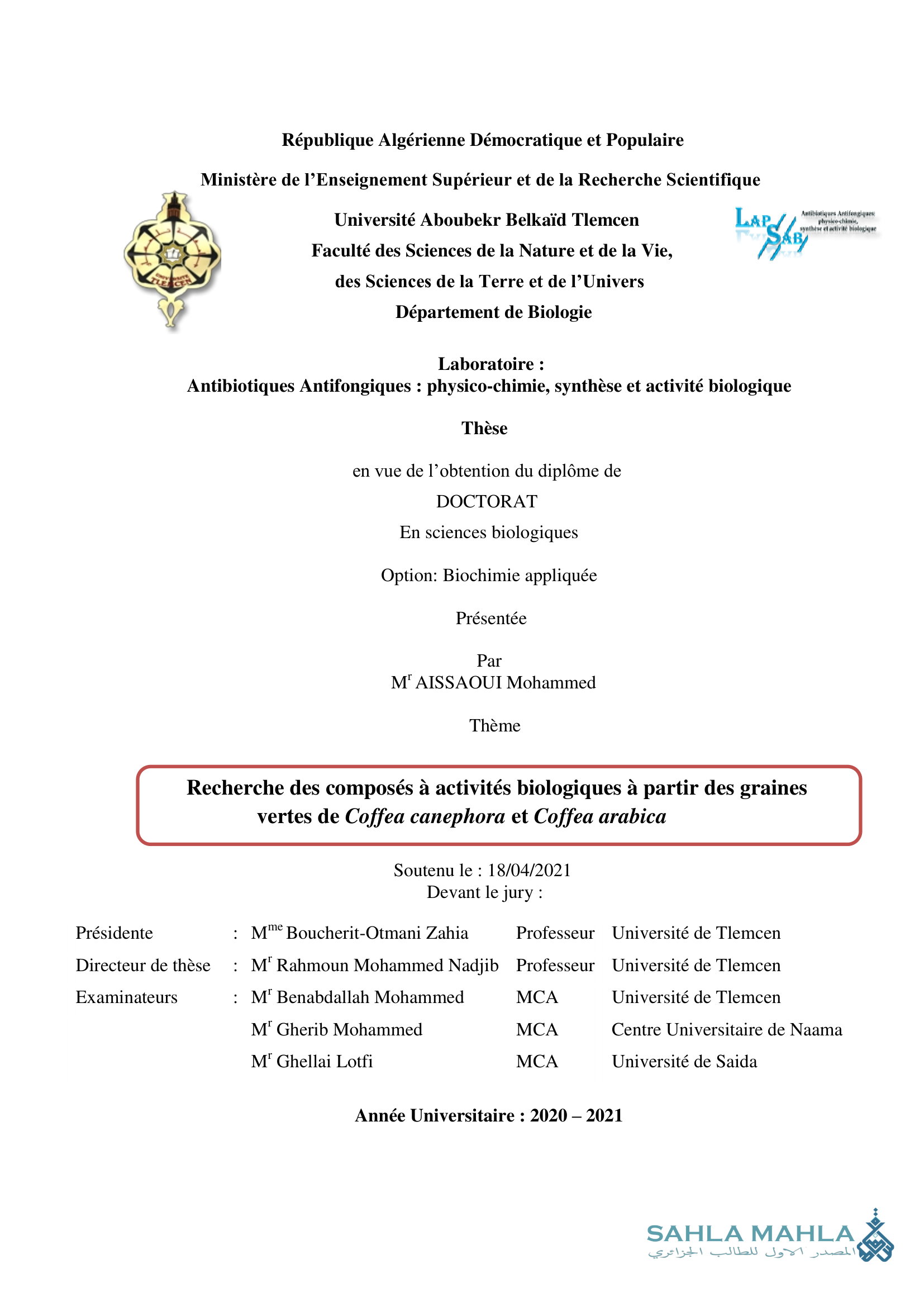 Recherche des composés à activités biologiques à partir des graines vertes de Coffea canephora et Coffea arabica