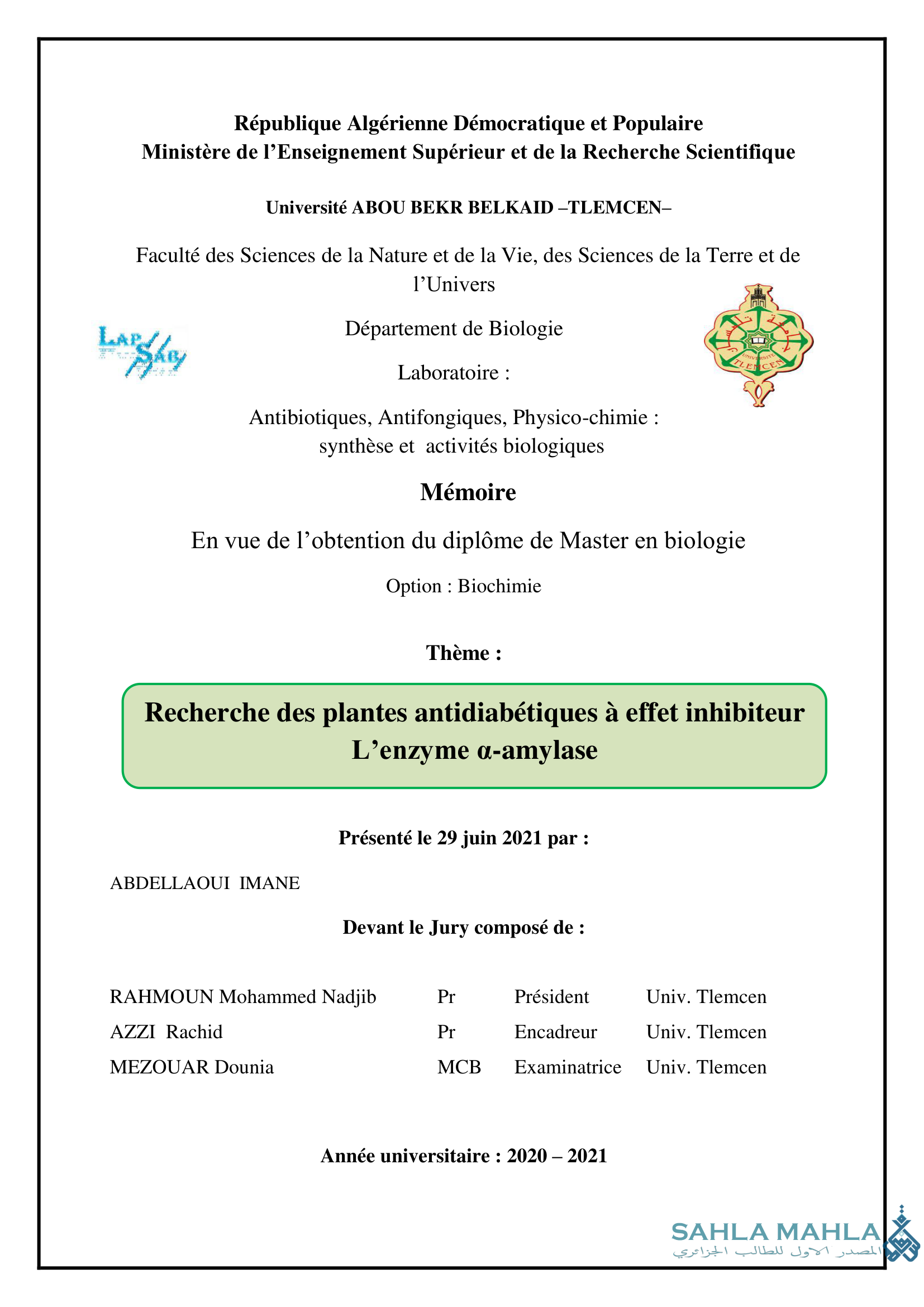 Recherche des plantes antidiabétiques à effet inhibiteur L'enzyme a-amylase