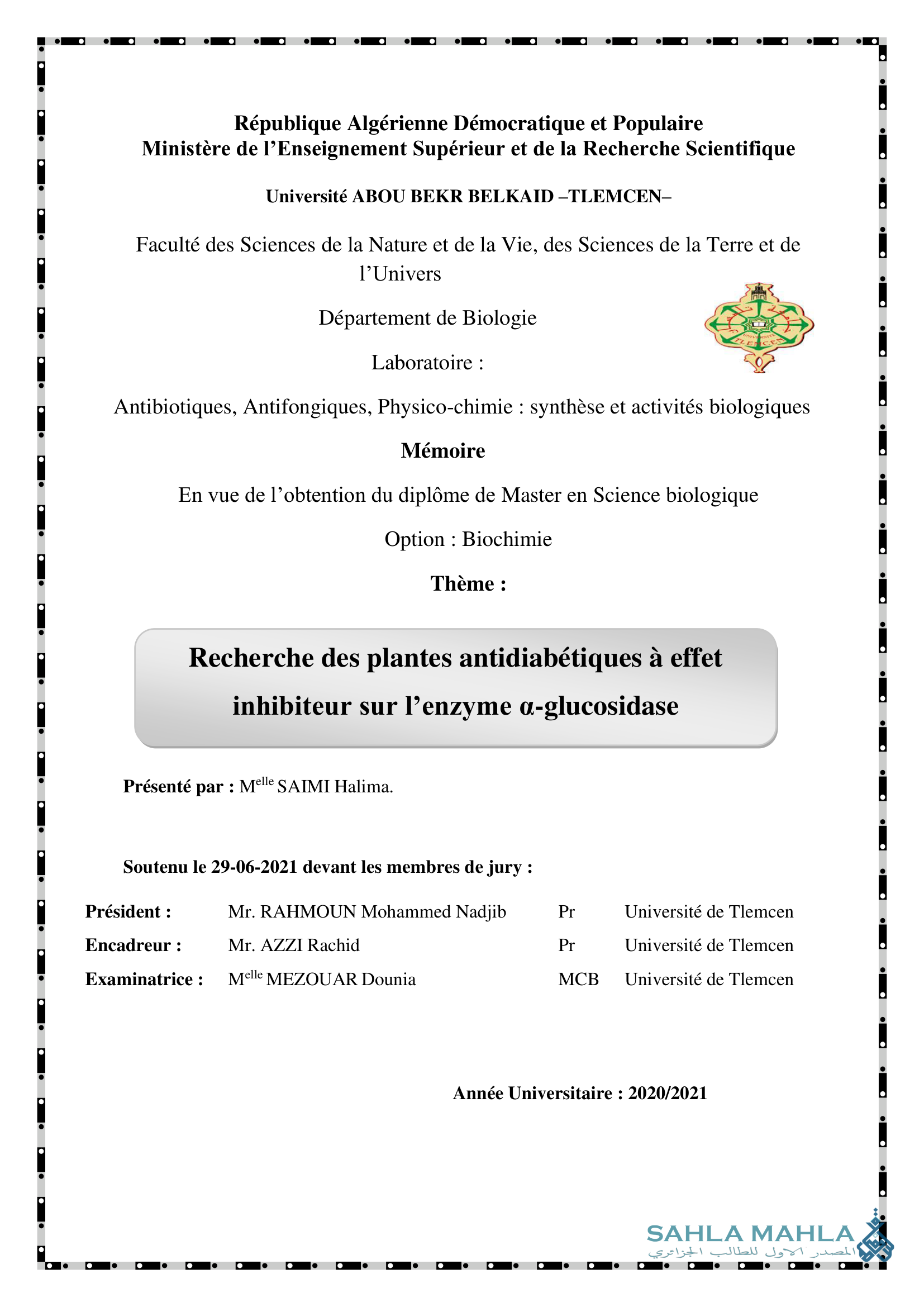 Recherche des plantes antidiabétiques à effet inhibiteur sur l'enzyme a-glucosidase