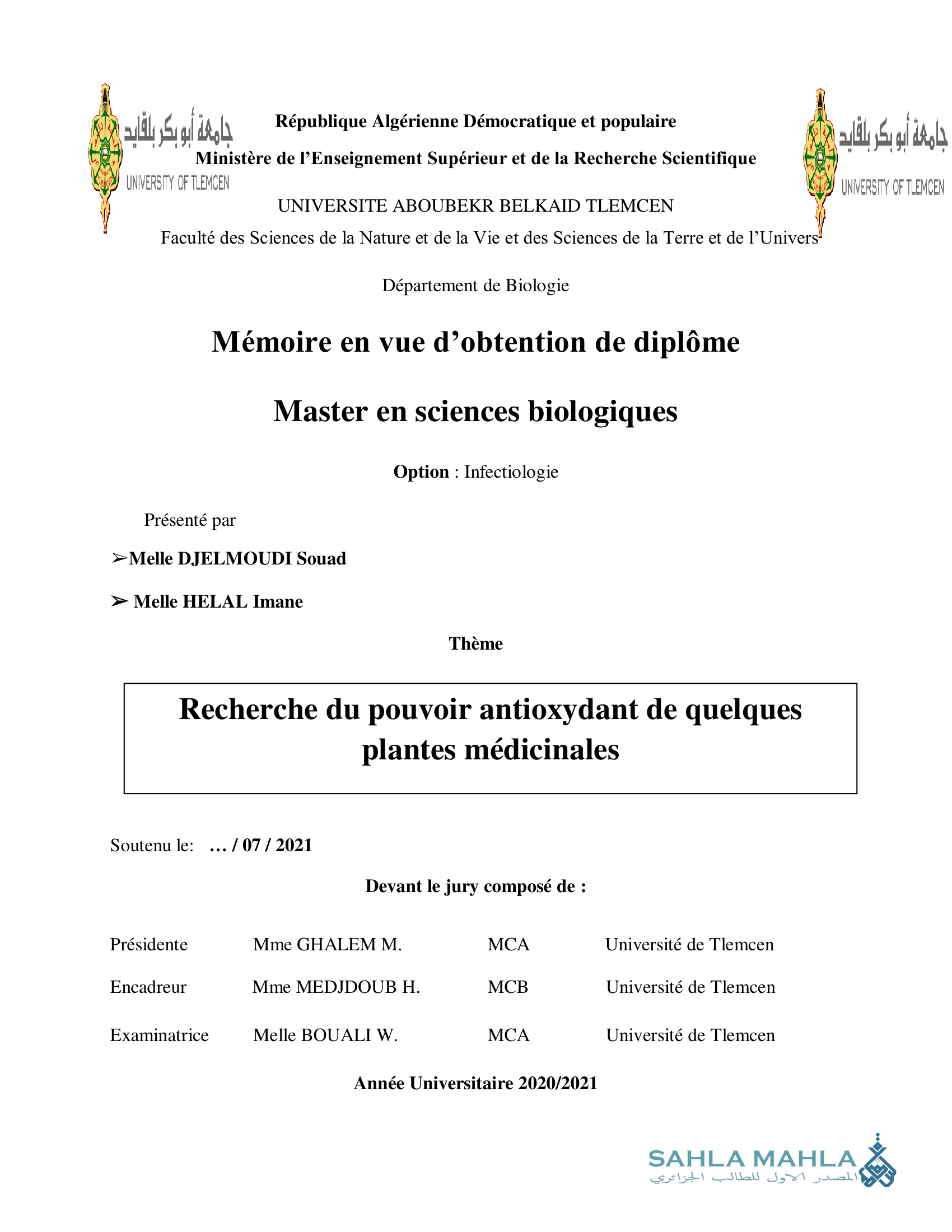 Recherche du pouvoir antioxydant de quelques plantes médicinales