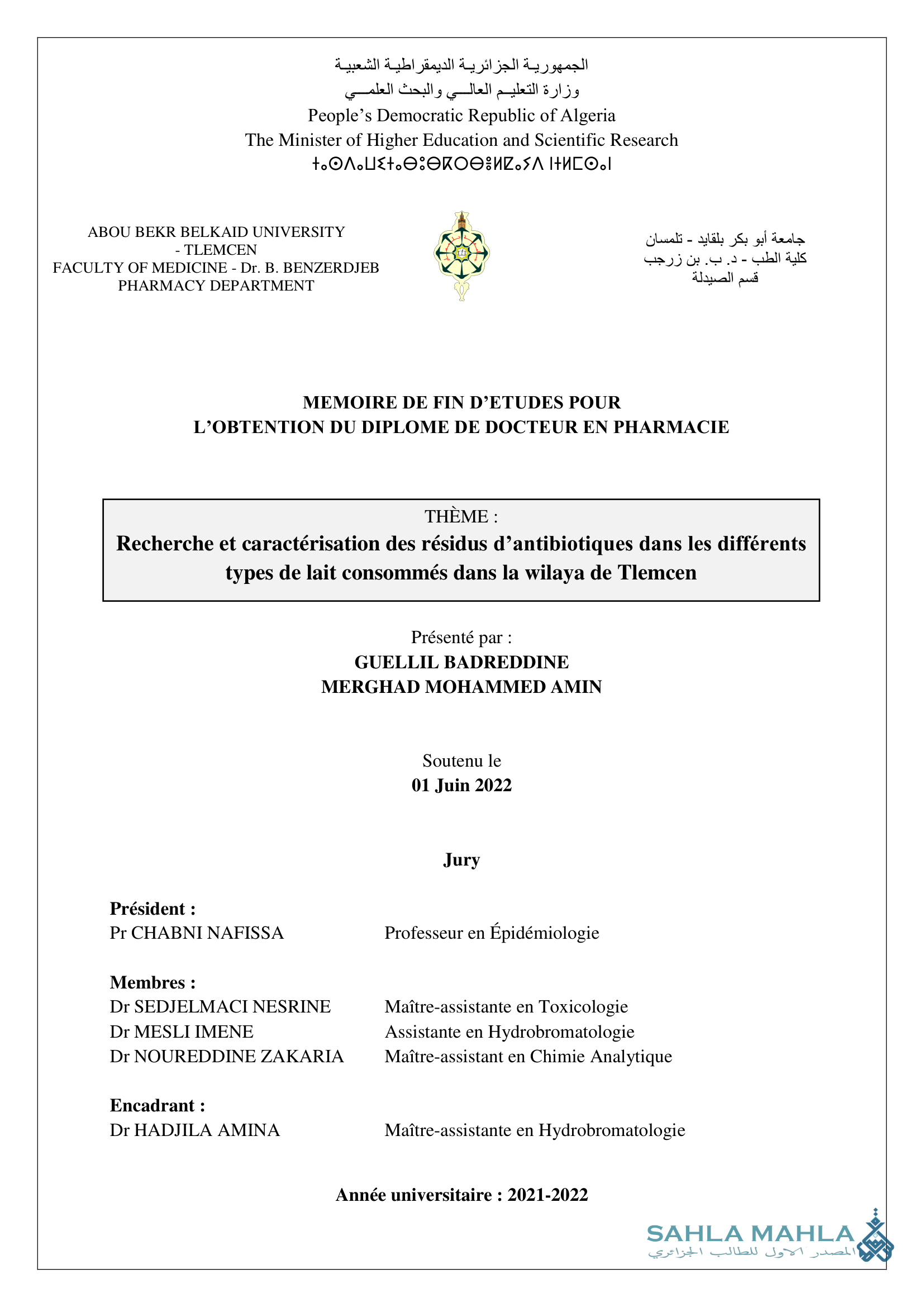 Recherche et caractérisation des résidus d'antibiotiques dans les différents types de lait consommés dans la wilaya de Tlemcen