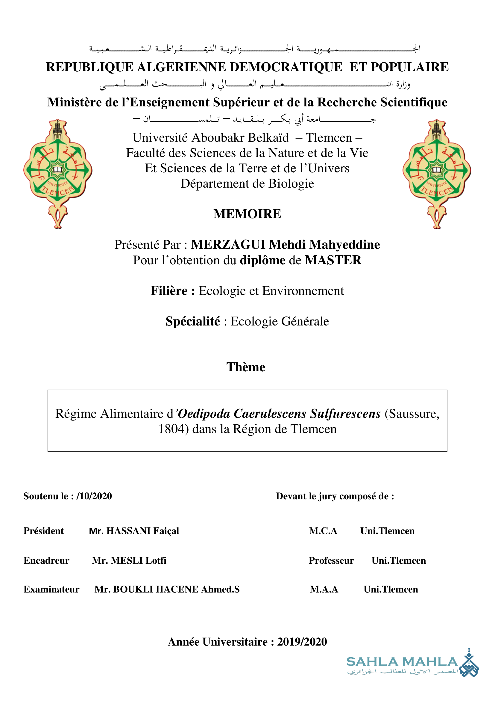 Régime Alimentaire d'Oedipoda Caerulescens Sulfurescens (Saussure, 1804) dans la Région de Tlemcen
